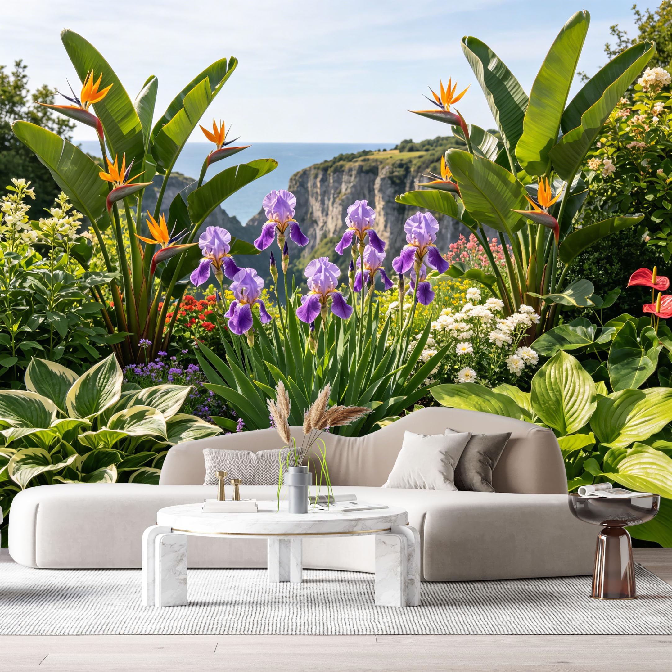 Custom Size Wall Murals Botanical Tropical Coastal Landscape Bird of Paradise Purple Flowers Cliff Ocean View SelfAdhesive Wall Fabric Removable Large Wallpaper for Photo Living Room