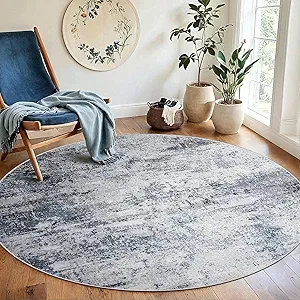 Round Rug 5ft Circle Rug Washable: Carpet Small Circular Area Rug for Entryway Kitchen Bedroom Dining Room Living Room 5 Feet Abstract College Dorm Non Slip Low Pile Blue Grey
