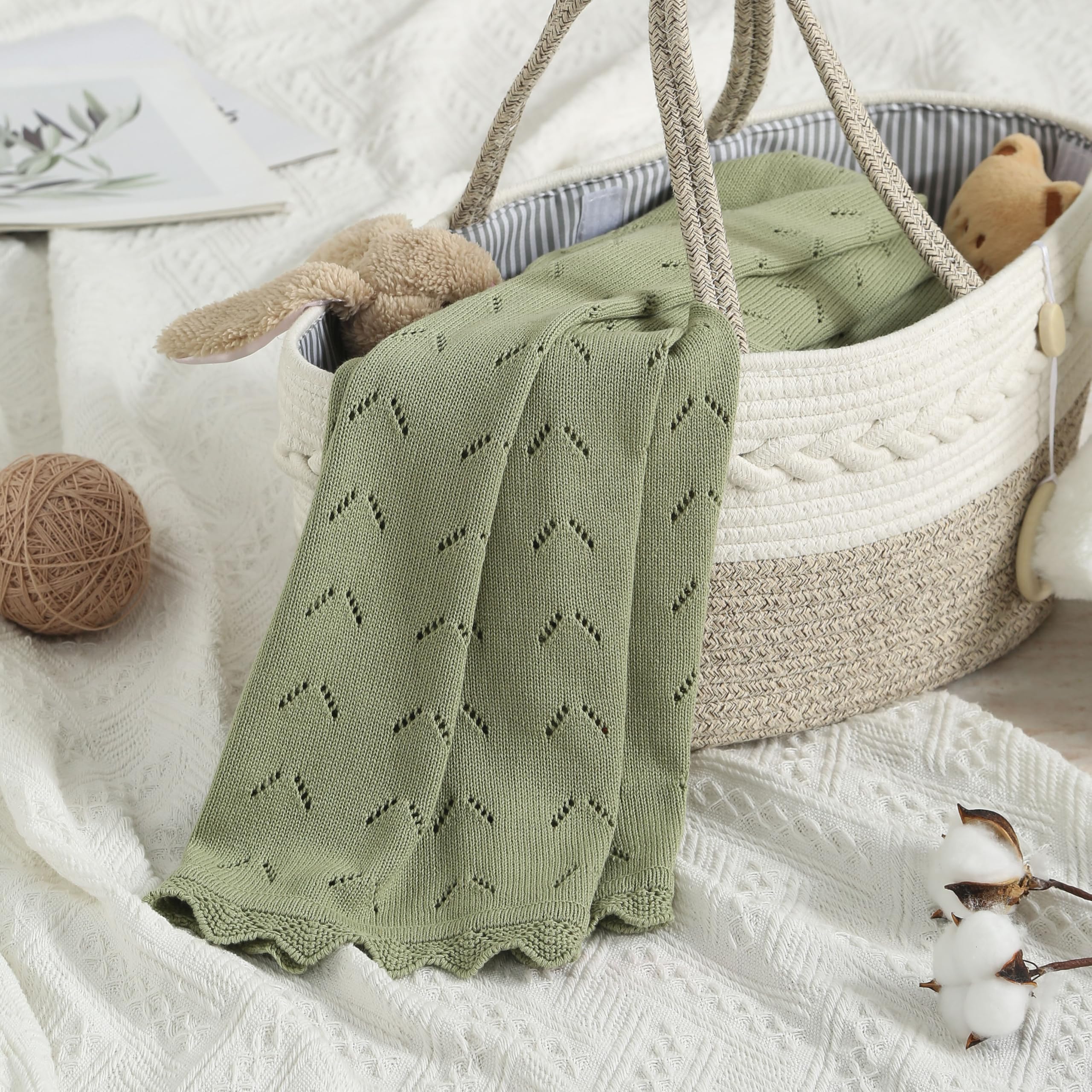 Loyfoky Baby Knit Blanket 100% Cotton Soft Cellular Blankets Breathable for Boy Girl Newborns Swaddling,Cot,Green 100x80cm - Image 3