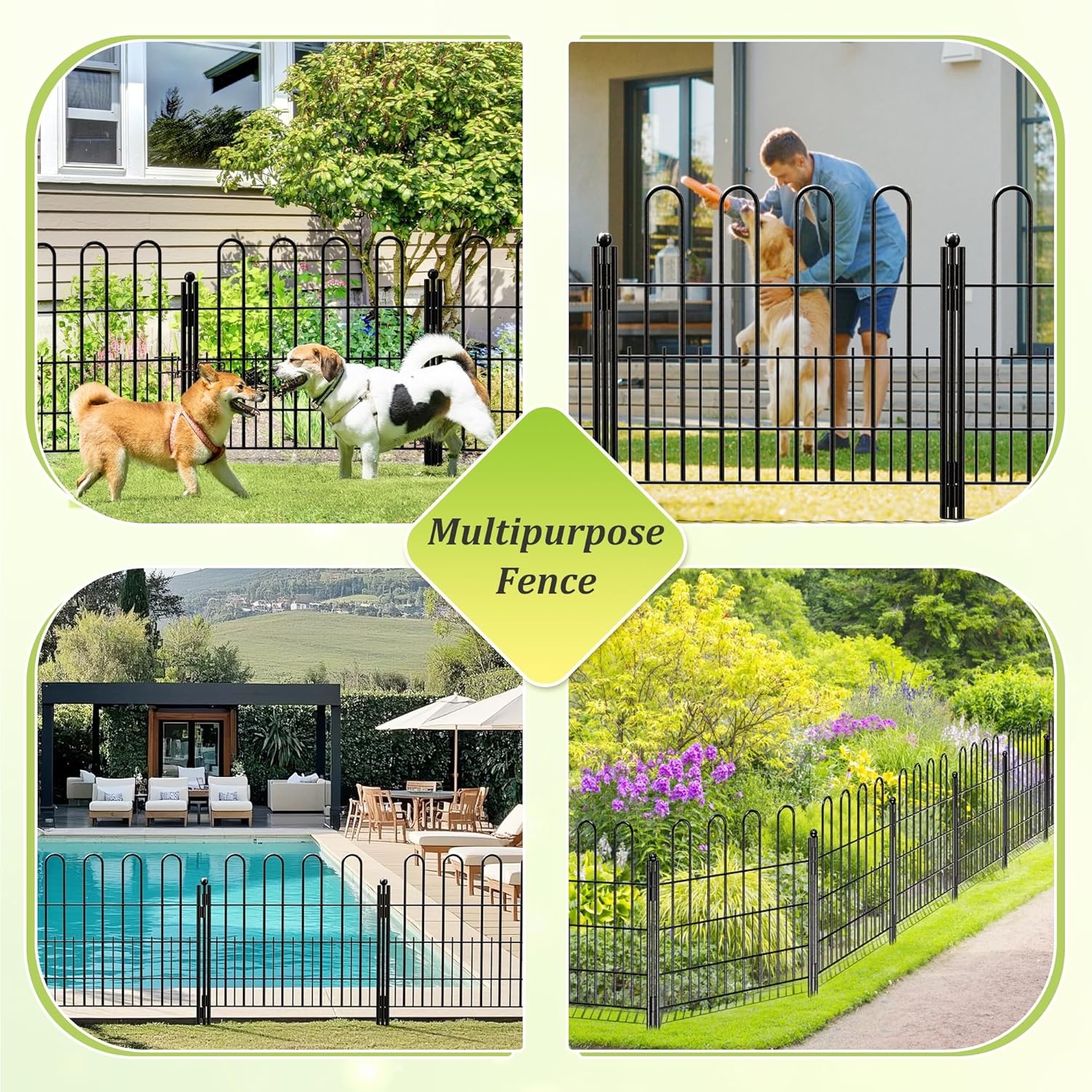 Bepatio Decorative Garden Fence Animal Barrier with Gate, 24in (H) x 20ft (L) 10 Panels Decorative Dog Fence Outdoor for Yard, Heavy Duty Rustproof Metal Fence Border, Flower Bed, Easy Setup, Black