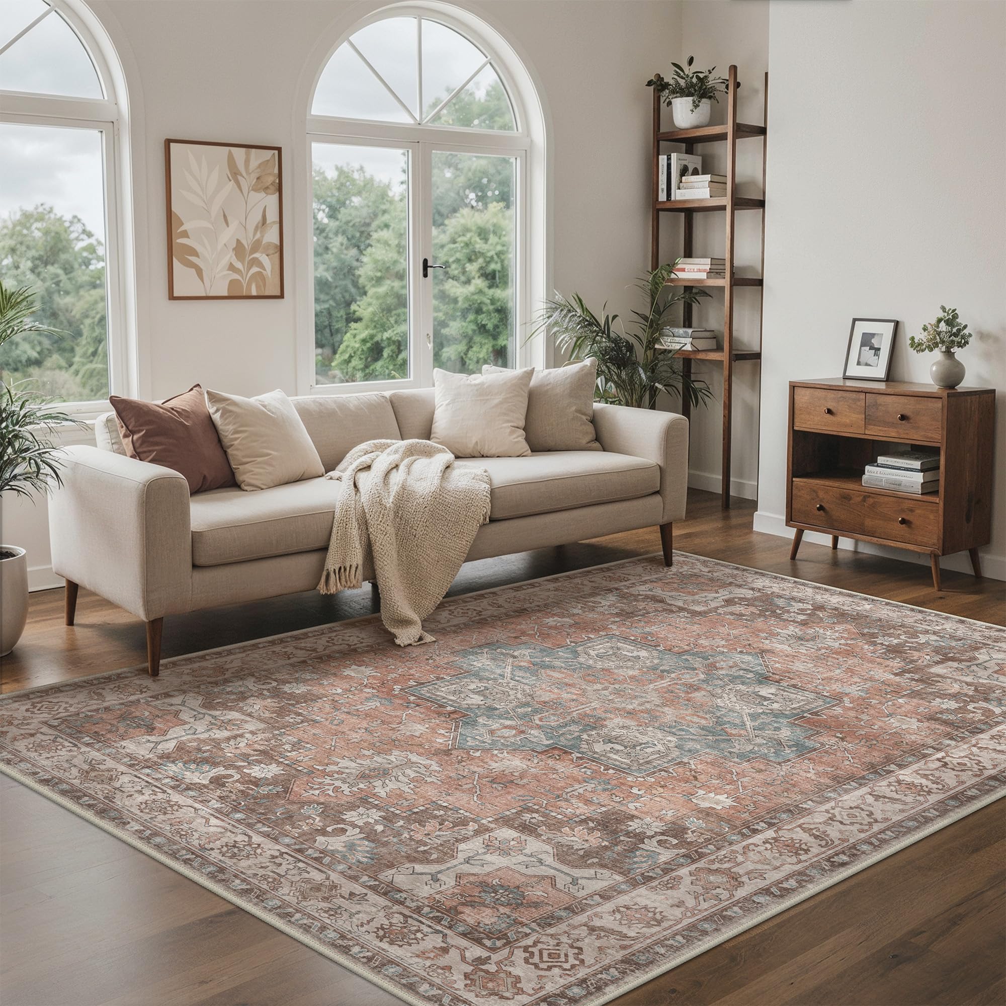 GENIMO Large Rugs for Living Room 240x230cm, Extra Large Area Rug Washable, Vintage Boho Low Pile, Non-Shedding, XXL Carpet, Oriental Design, Dining Room, Home, Office, Bedroom, Terracotta Rose-Teal — image 1
