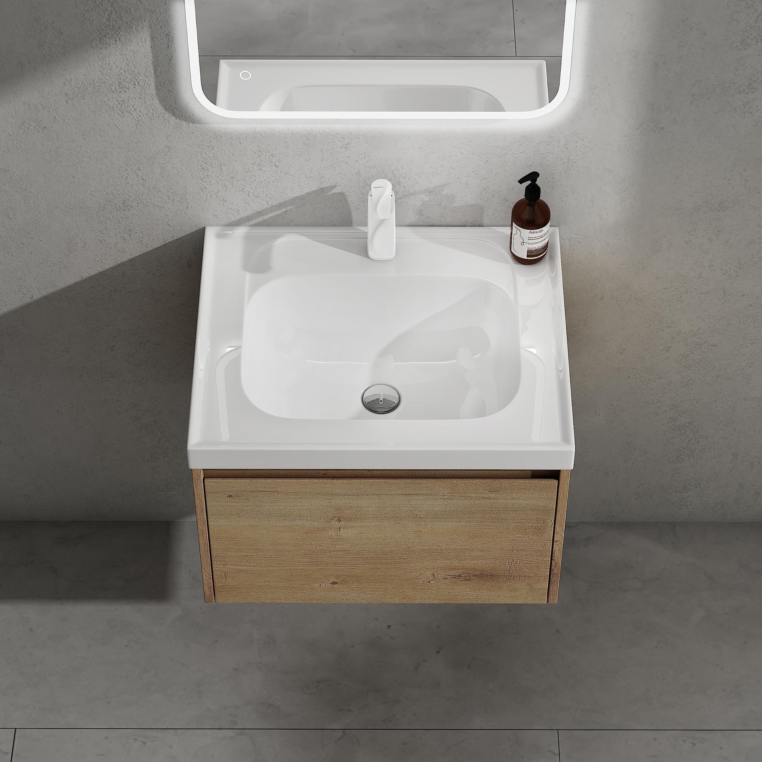 doporro Meuble de Salle de Bains Marron Clair Ensemble de 2 Pièces Meuble Suspendu avec Lavabo 80cm avec Soft-close Design Salerno