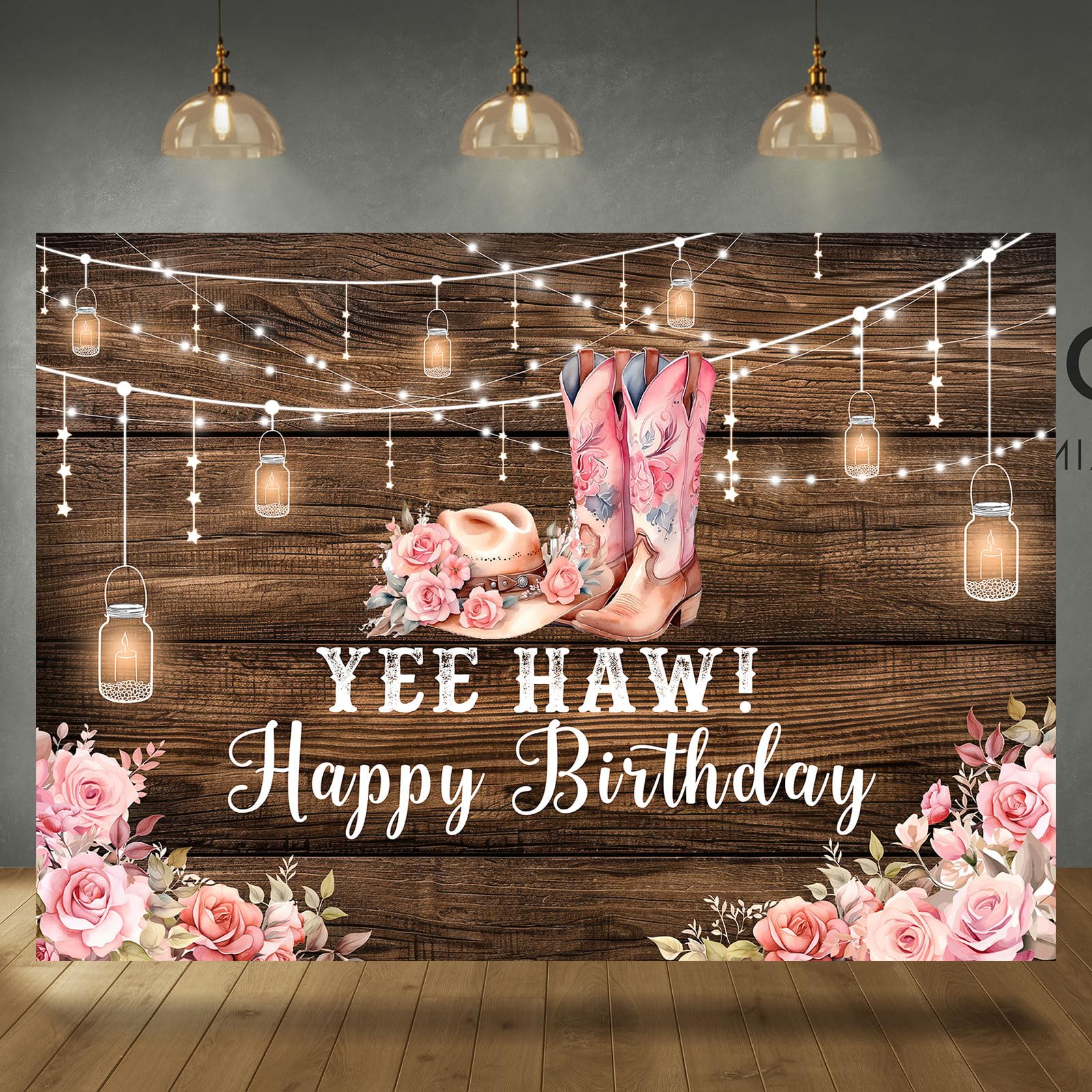 Rsuuinu Western Happy Birthday Backdrop Cowgirl Rustic Wooden Floor Boots Hat Pink Floral Country Photography Background for Girls Birthday Party