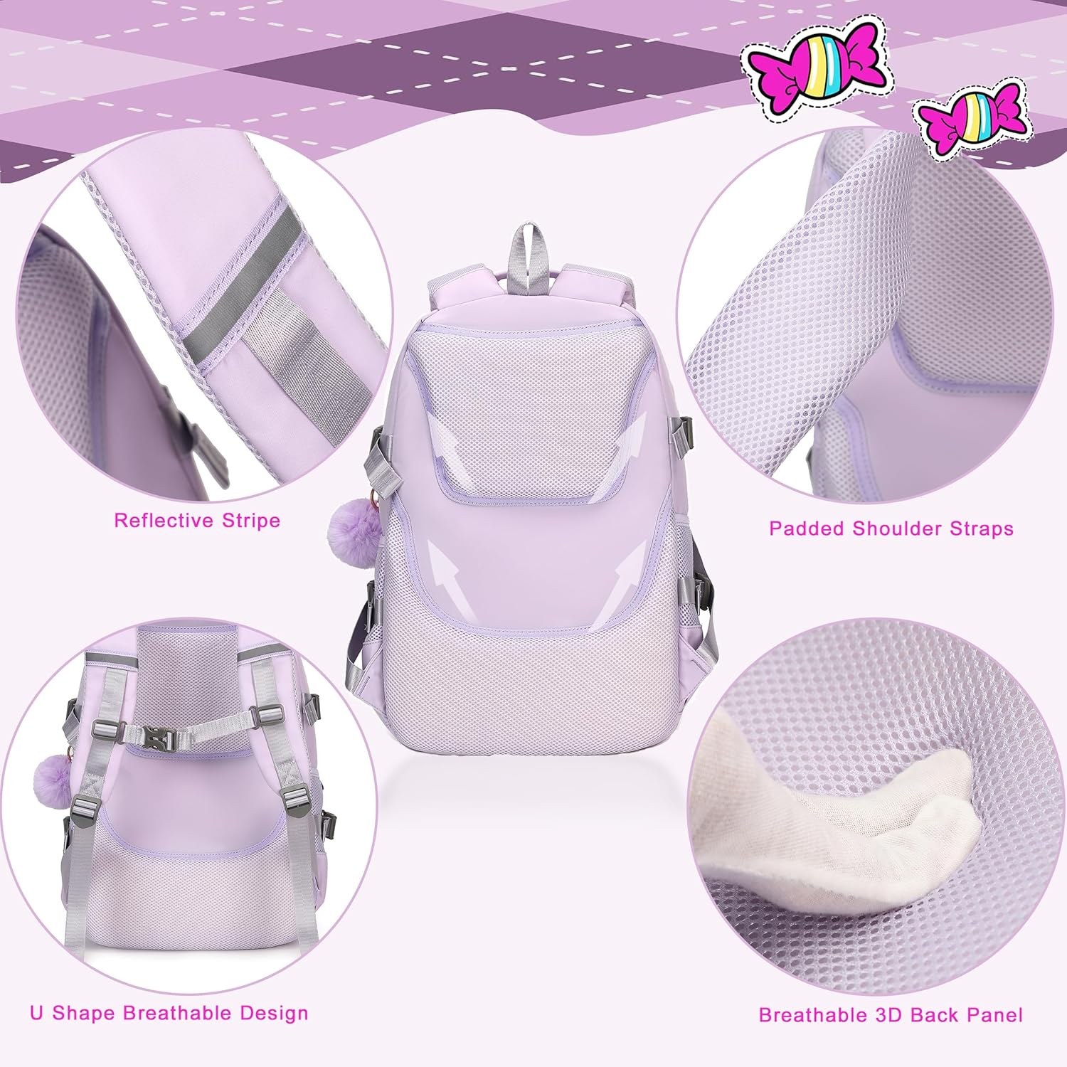 AO ALI VICTORY Backpack for Girls Women Kids Elementary Middle High School Bag Cute College Bookbags Large Laptop Backpacks 15.6 Inch for Teens Students Antitheft Travel Daypack Purple