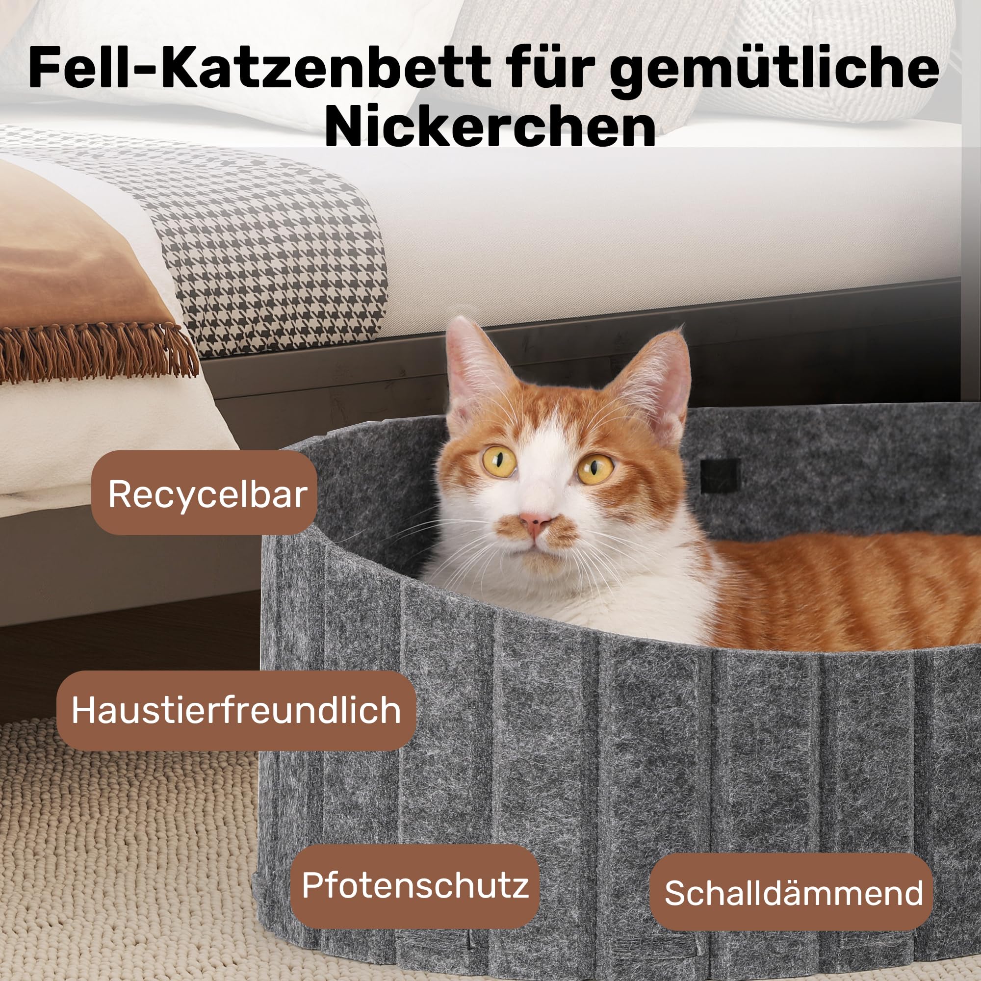 FUKUMARU Katzenbett, 61 cm großes Katzen-Couchbett mit gemütlichem Kunstkaninchenfell-Kissen, Filz-Katzenhaus-Sofa in ovaler Form, grau