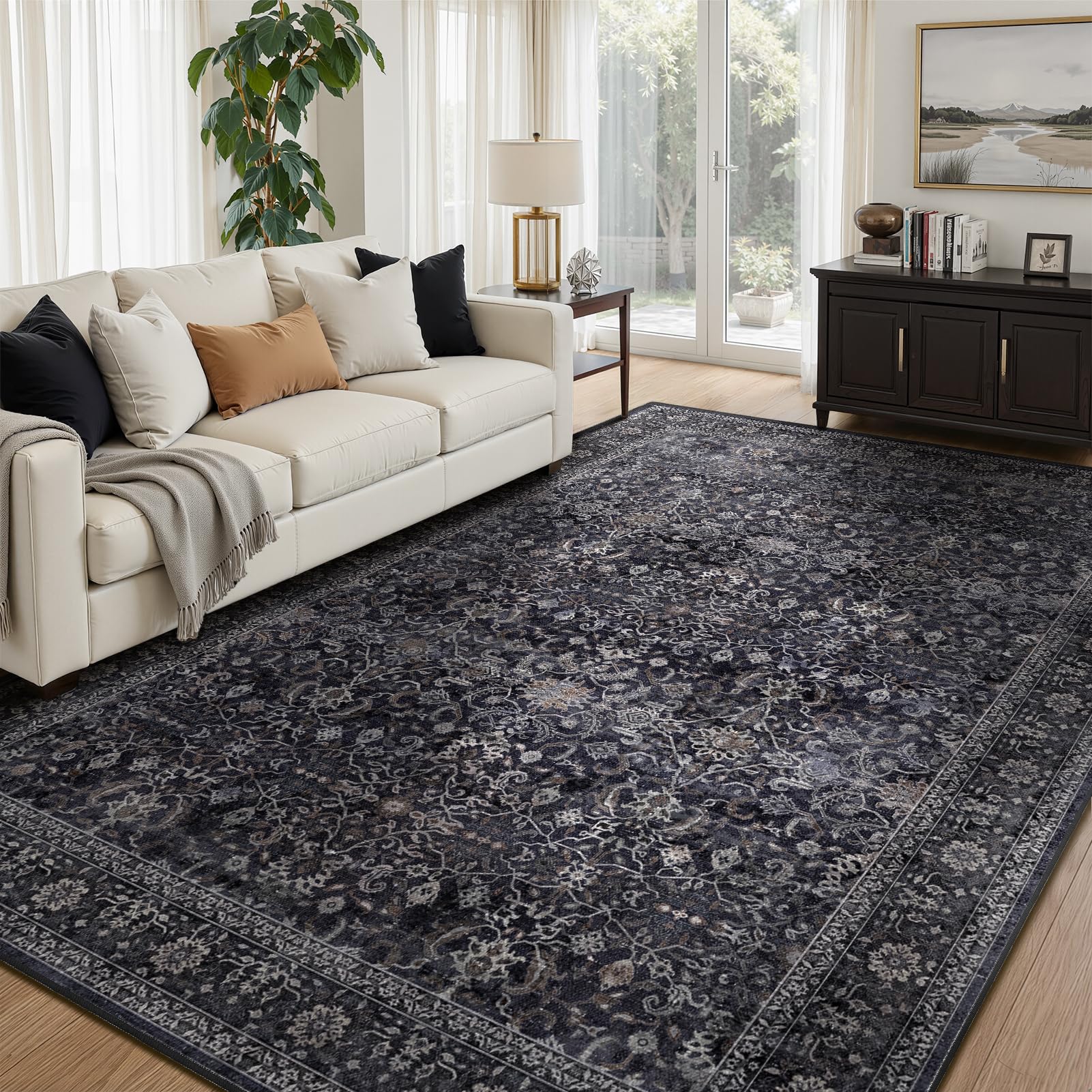 Vintage Dark Area Rugs 6x8, Washable Non Slip Low Pile Thin Carpet, Farmhouse Distressed Midnight