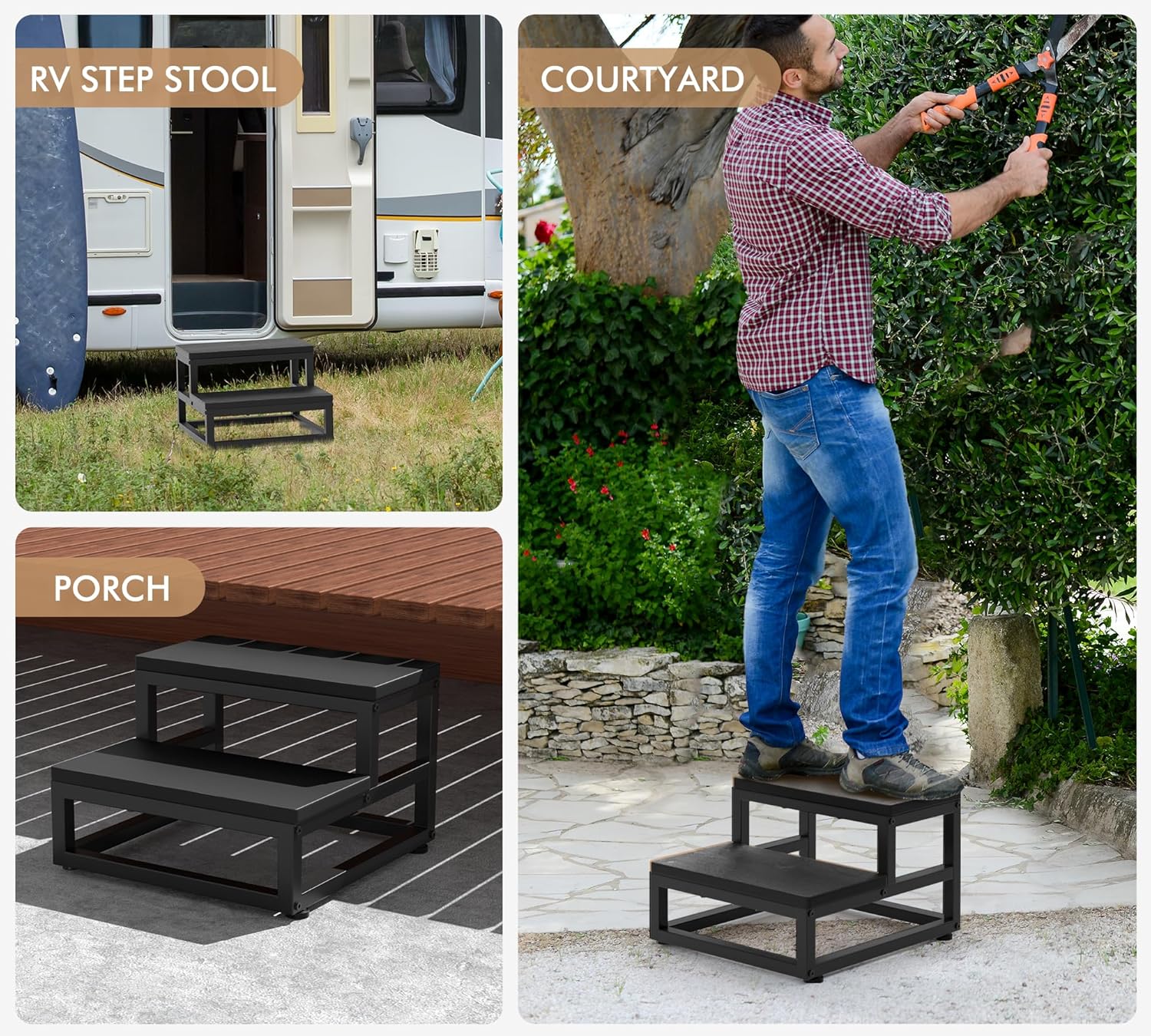 Two-Step Stool for Adults & Kids, Waterproof HDPE Bed Step with Adjustable Non-Slip Feet, Sturdy Metal Frame for Kitchen, Bathroom, Bedroom, RV & Outdoor Use, Black