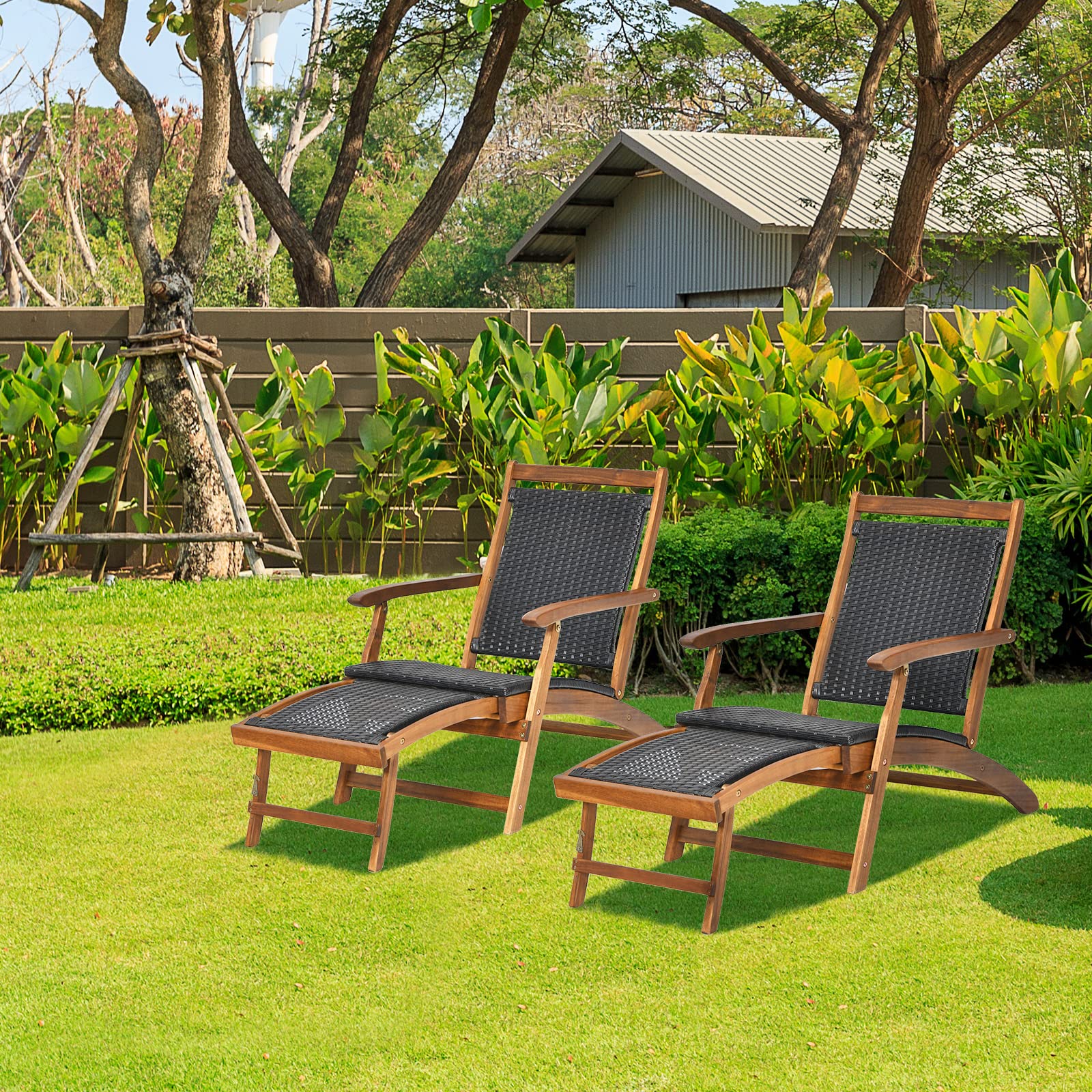 LIFEZEAL Tumbona Plegable de Ratán PE Convertible con Reposapiés Retráctil | Sillón de Jardín con Marco de Madera de Acacia, Respaldo y Reposabrazos para Terraza, Patio y Piscina