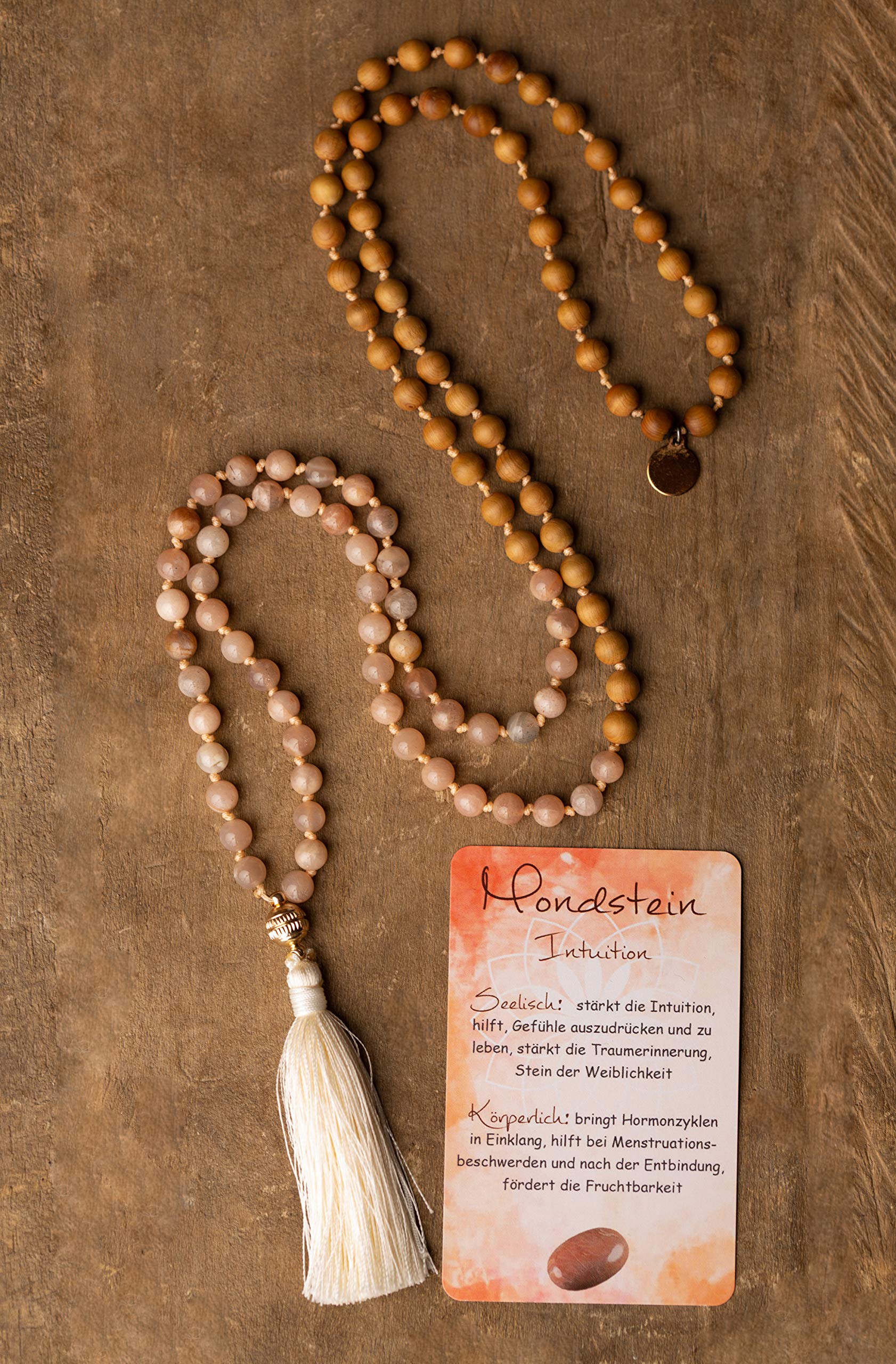 Mondstein Edelsteinschmuck Mala Edelsteinkette Yoga Meditation Geschenk-Set mit Holzbox Jute-Täschchen Affirmationskarten INTUITION Naturstein Sandelholz handgemacht in Deutschland