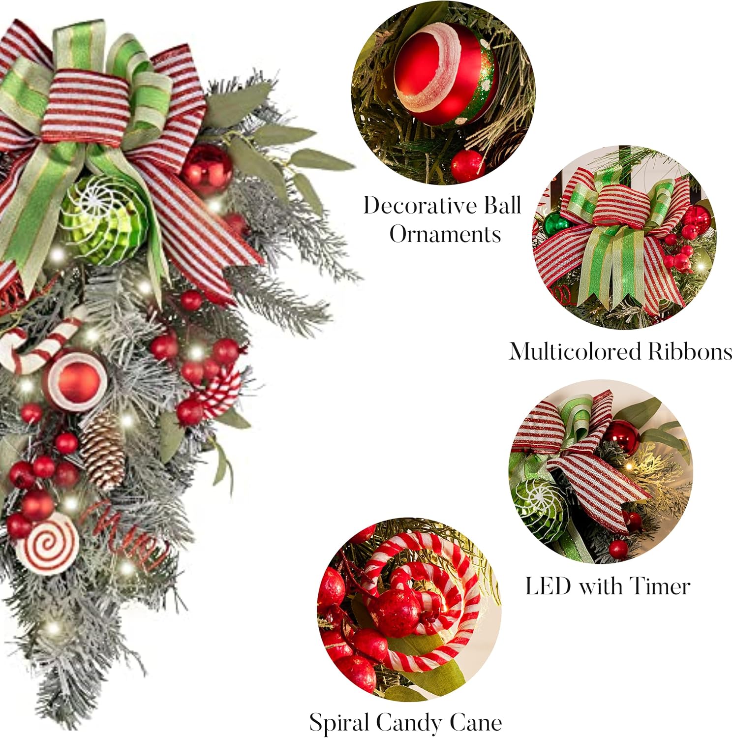 Valery Madelyn Pre-Lit Christmas Teardrop Swag for Decorating Outdoor, 24 Inch Red Green White Elf Mailbox Swag Decoration with 20 LED Lights, Ball Ornaments for Front Door Stairway Window Shelf Xmas