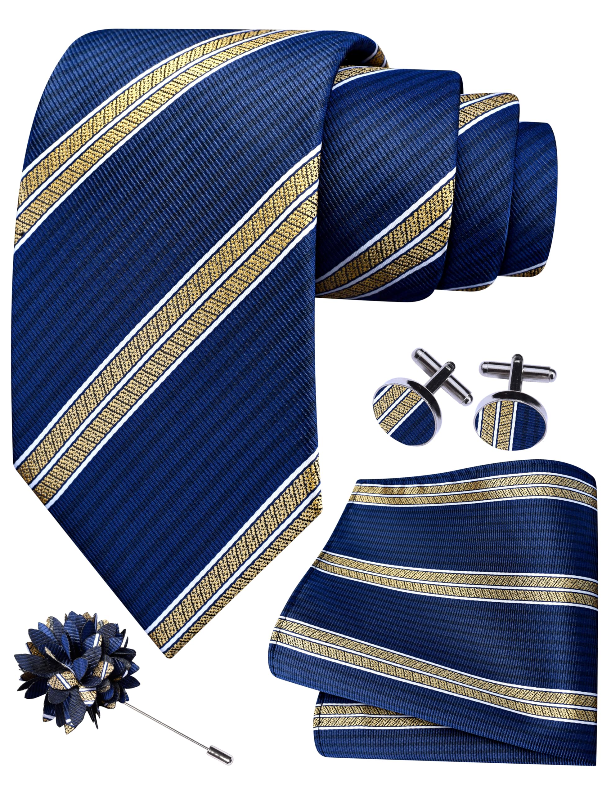GUSLESON 3.15"（8cm） Striped Tie for Men With Lapel Pin Necktie Hankerchief Cufflinks Set