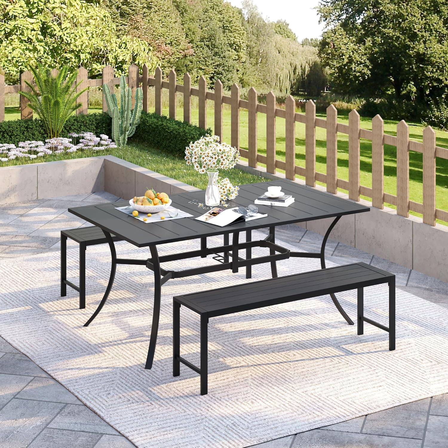 VICLLAX Outdoor Bench 2 Pieces, 51" Long Garden Bench, Backless Porch Patio Bench Metal Park Bench, Black
