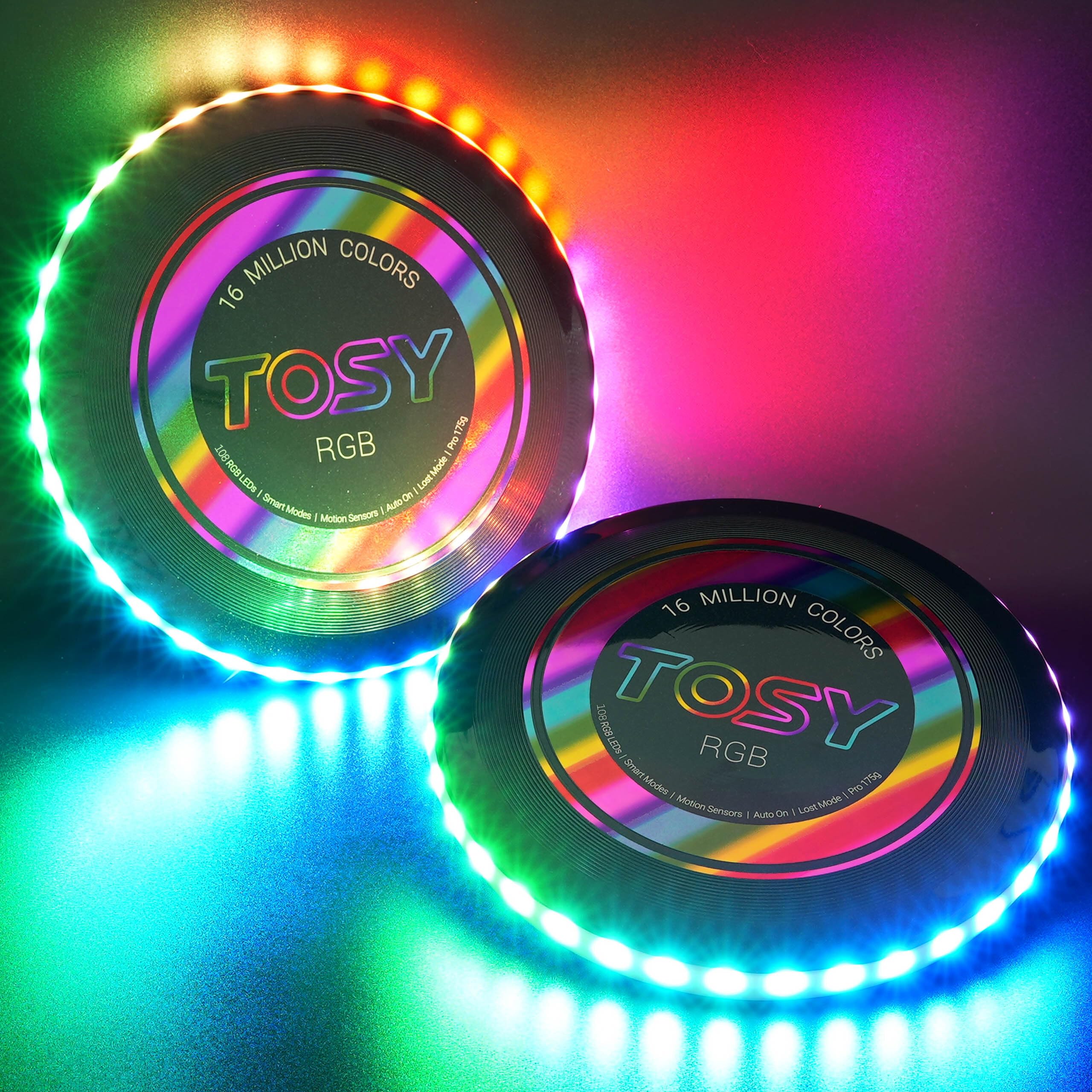 TOSY Flying Disc - 108 RGB Multicolor LEDs, Super Bright, Smart Modes, Cool Valentine Easter Gift, Camping Toy for Kid/Teen/Adult, Auto Light Up, Rechargeable, Waterproof, 175g, 2-Pack