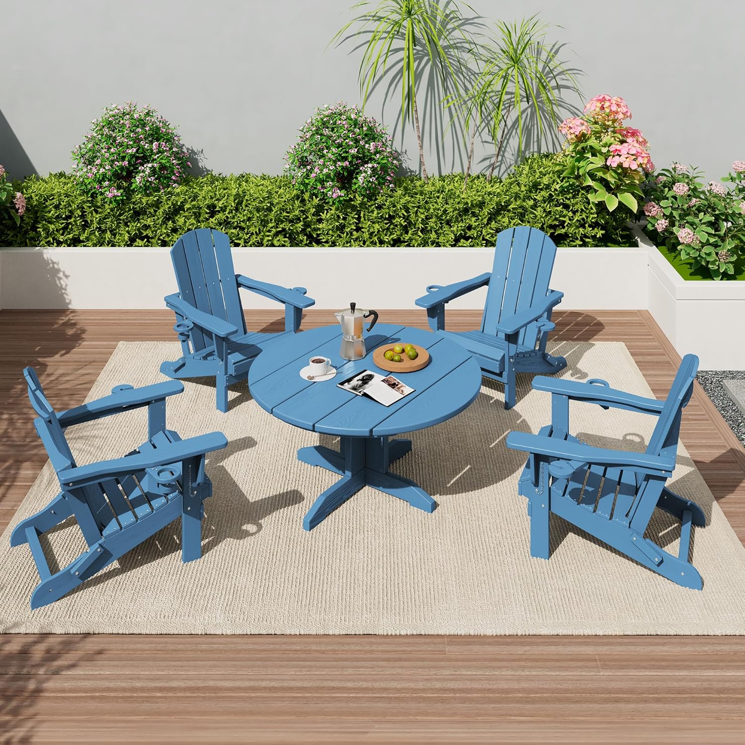 SERWALL Outdoor Round Coffee Table Set, 5-Piece Outdoor Coffee Table and Adirondack Chair with Cup Holders Blue