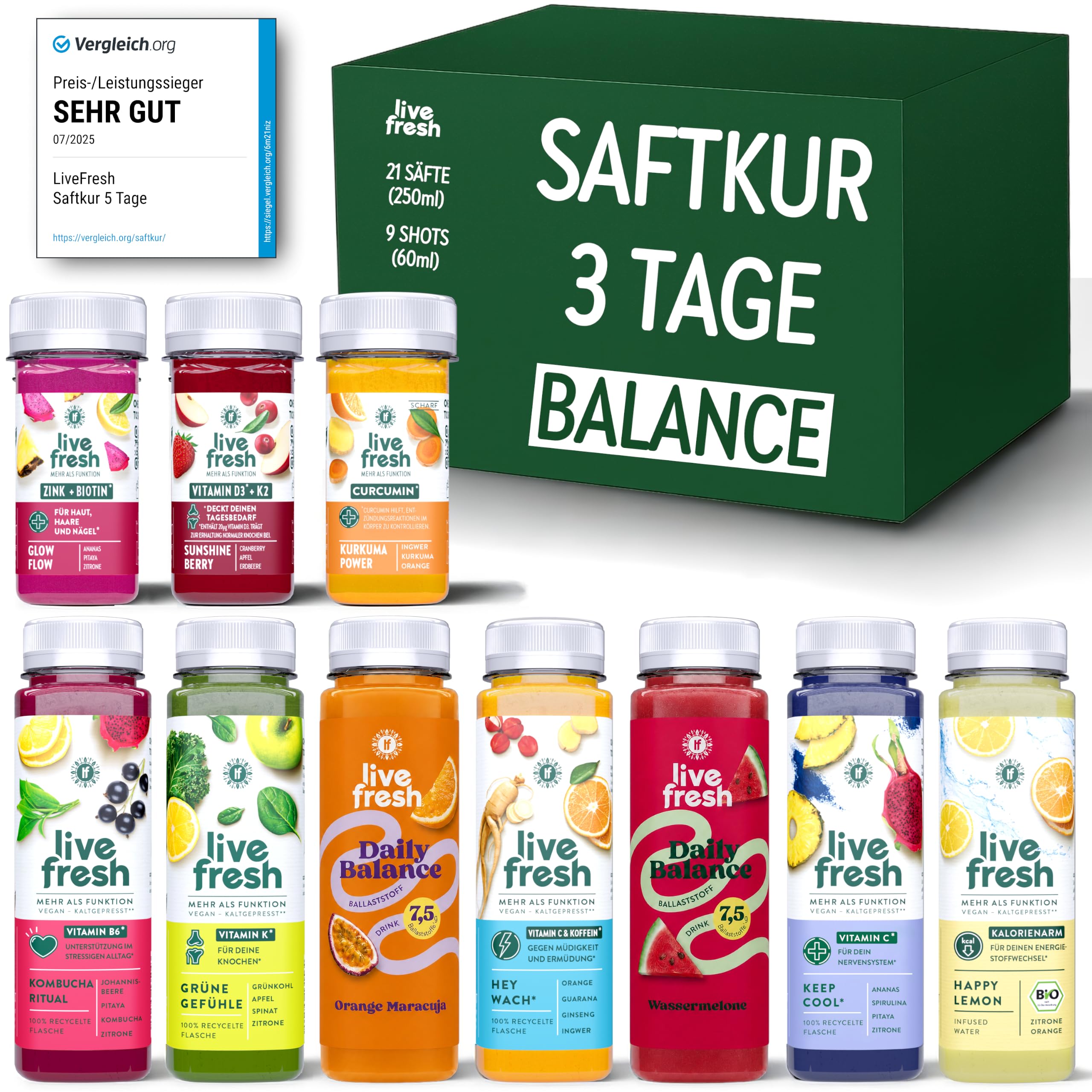 LiveFresh Saftkur Balance 3 Tage – 21 Säfte (250ml) & 9 Shots (60ml) | Kaltgepresst¹ – Ohne Zuckerzusatz² – 743 Kalorien & 15g Ballaststoffe pro Tag