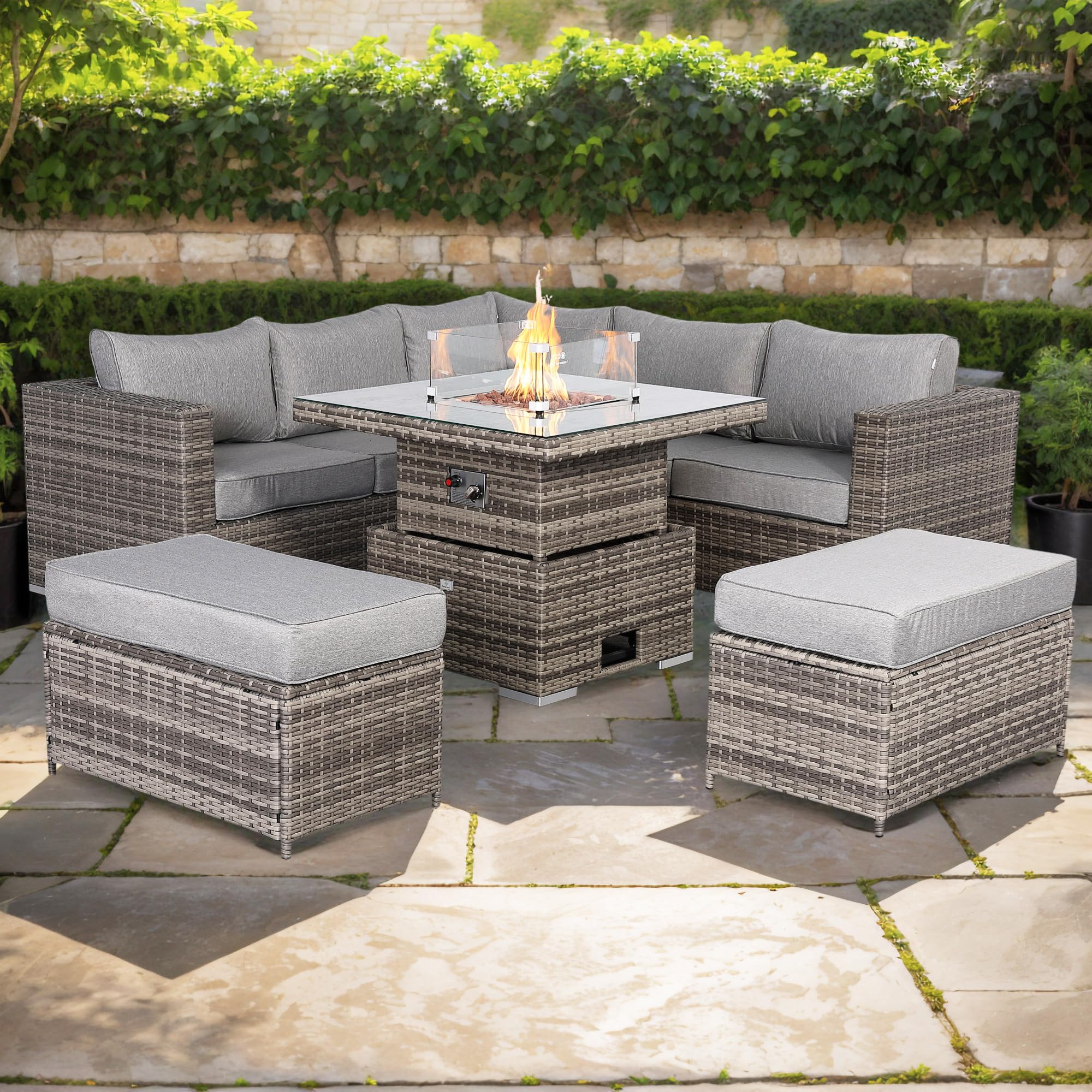 Sponsored Ad – Rattan park Cambridge Range Rattan Garden Furniture Square Corner Sofa Set with Fire Pit Rising Table in Stone Browne Grey weave