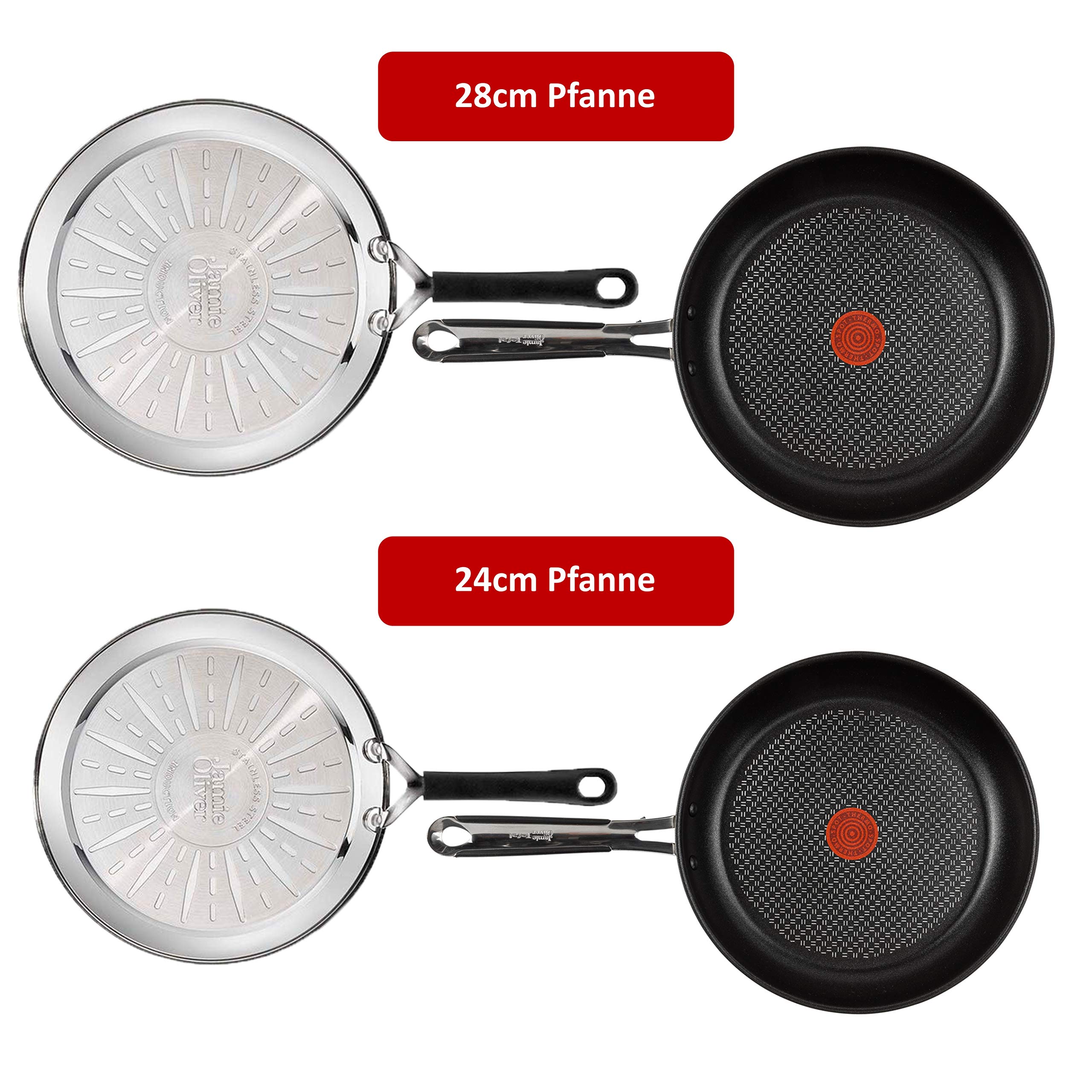 Tefal E30 Jamie Oliver Pfannenset Induktion 4 tlg -SET9- Edelstahl Pfanne 28 cm groß + Pfanne 24 cm, Bratpfannen hoch, Antihaft-beschichtet, hohe Gleitfähigkeit + Kratzfest