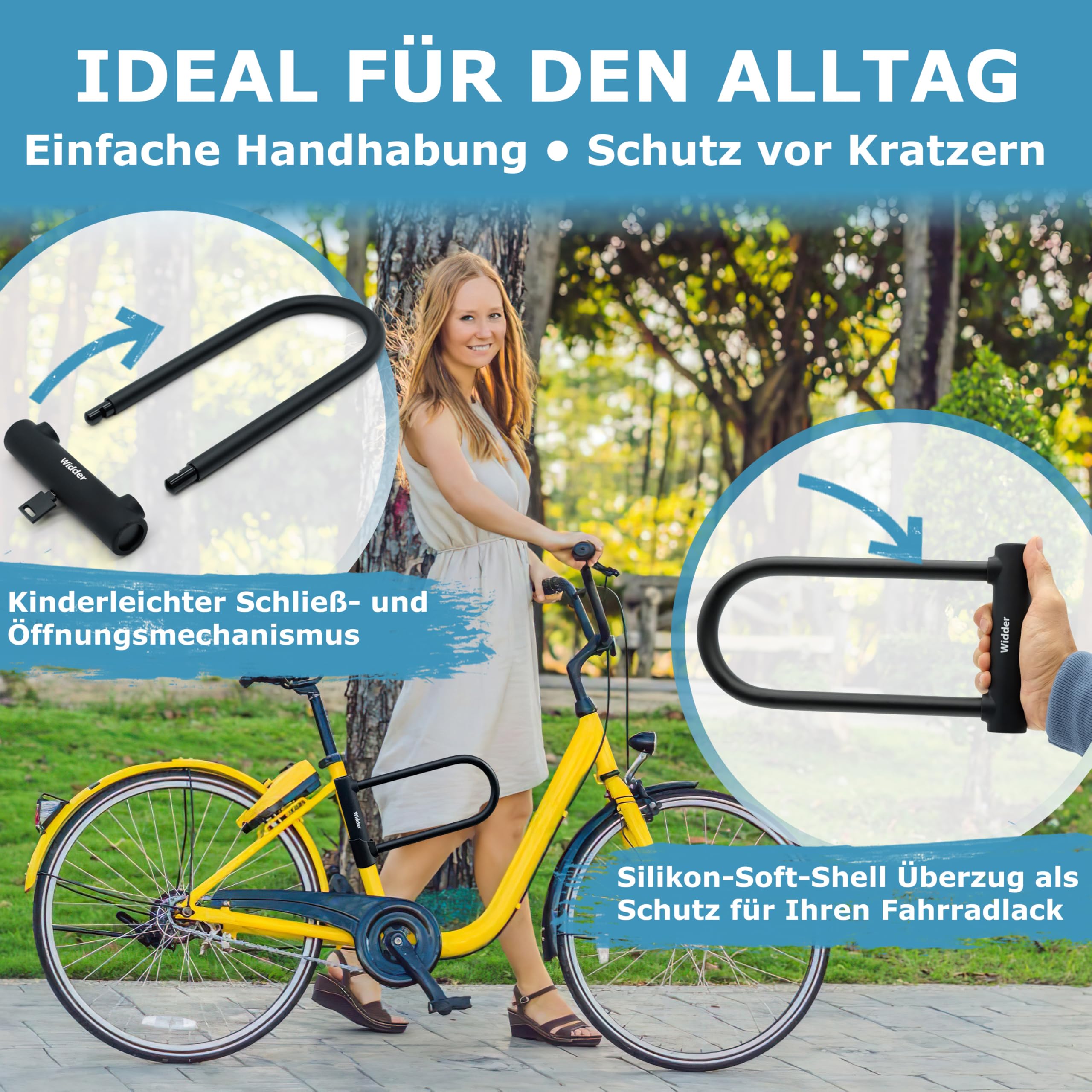 WIDDER Extrem Sicheres Fahrradschloss Bügelschloss [Chrom-Stahl Sicherheitsstufe 15] – 18mm Massiv Bügel – Fahrrad Schloss 64 cm Umfang mit Halterung & 3 Schlüssel – e Bike Lock & e Scooter U Lock