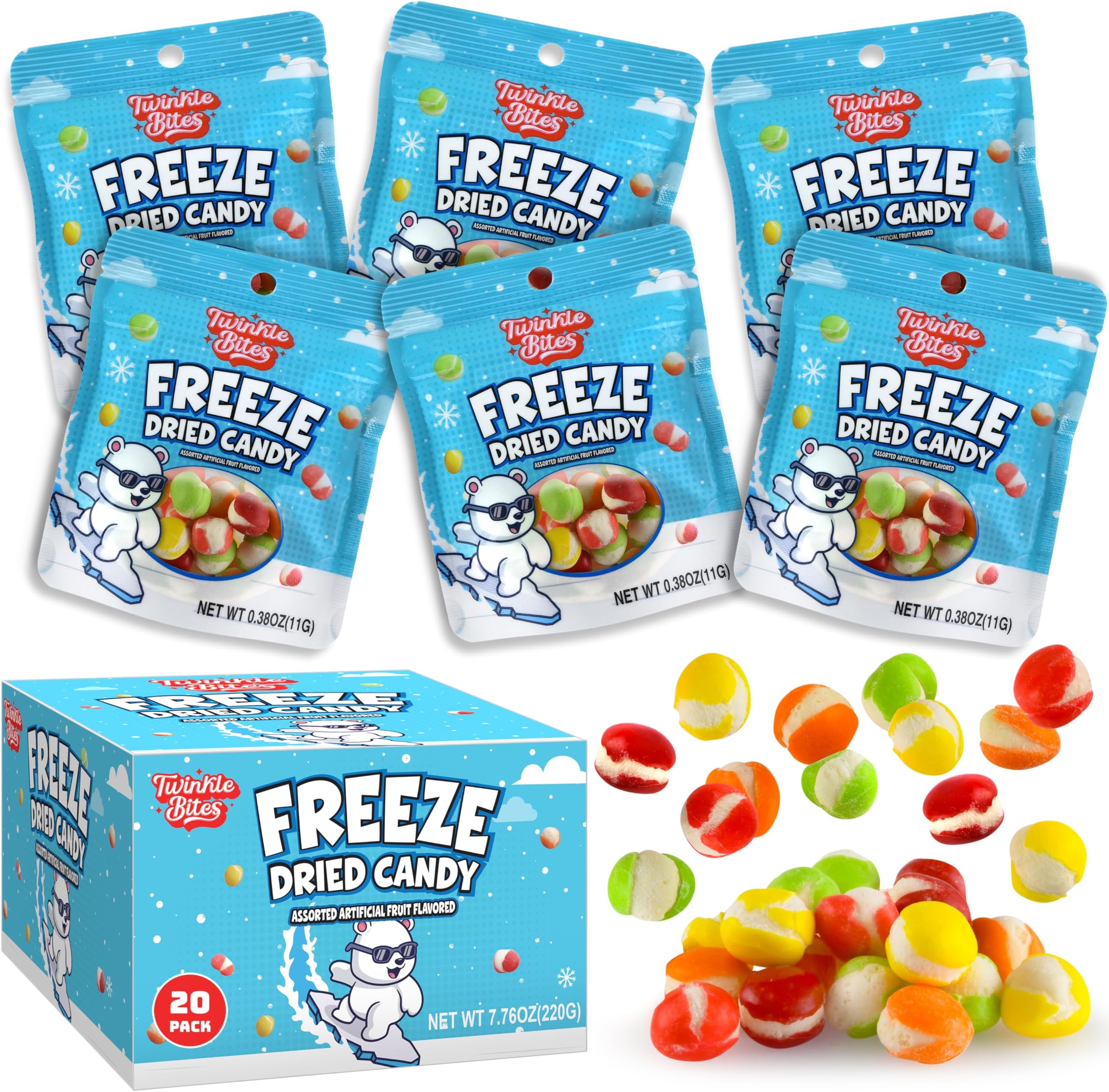 20 Pack Freeze Dried Candy- 10 Pcs Per Bag - Bulk Candy - Resealable Bag For, Kids, Adults, School, Party, Birthday, 3 Delicious Flavors