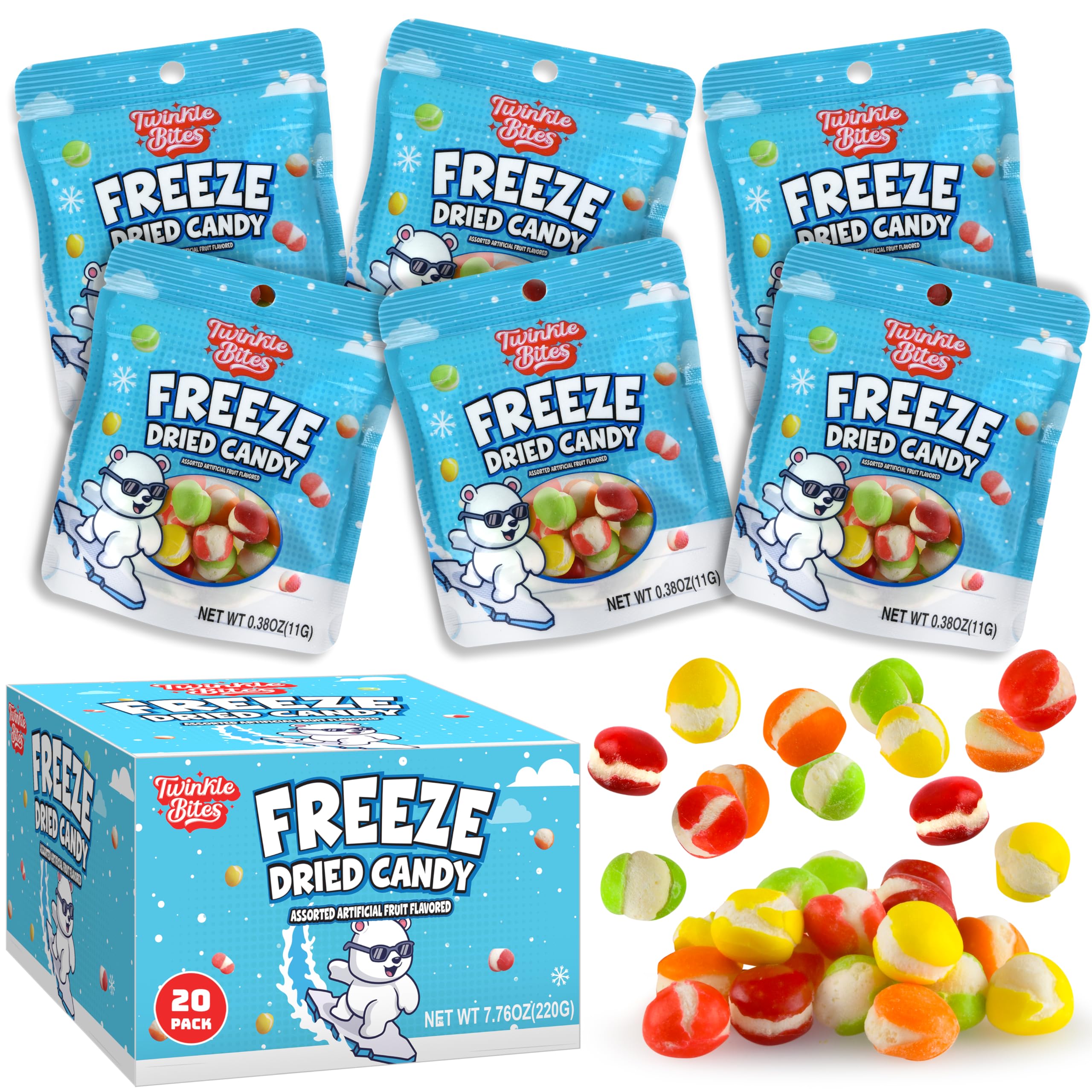 20 Pack Freeze Dried Candy- About 10 Pcs Per Bag - Bulk Treat Candy In Resealable Bag - Great For Kids, Adults, School, Party Favors, Birthday Party- 5 Delicious Flavors