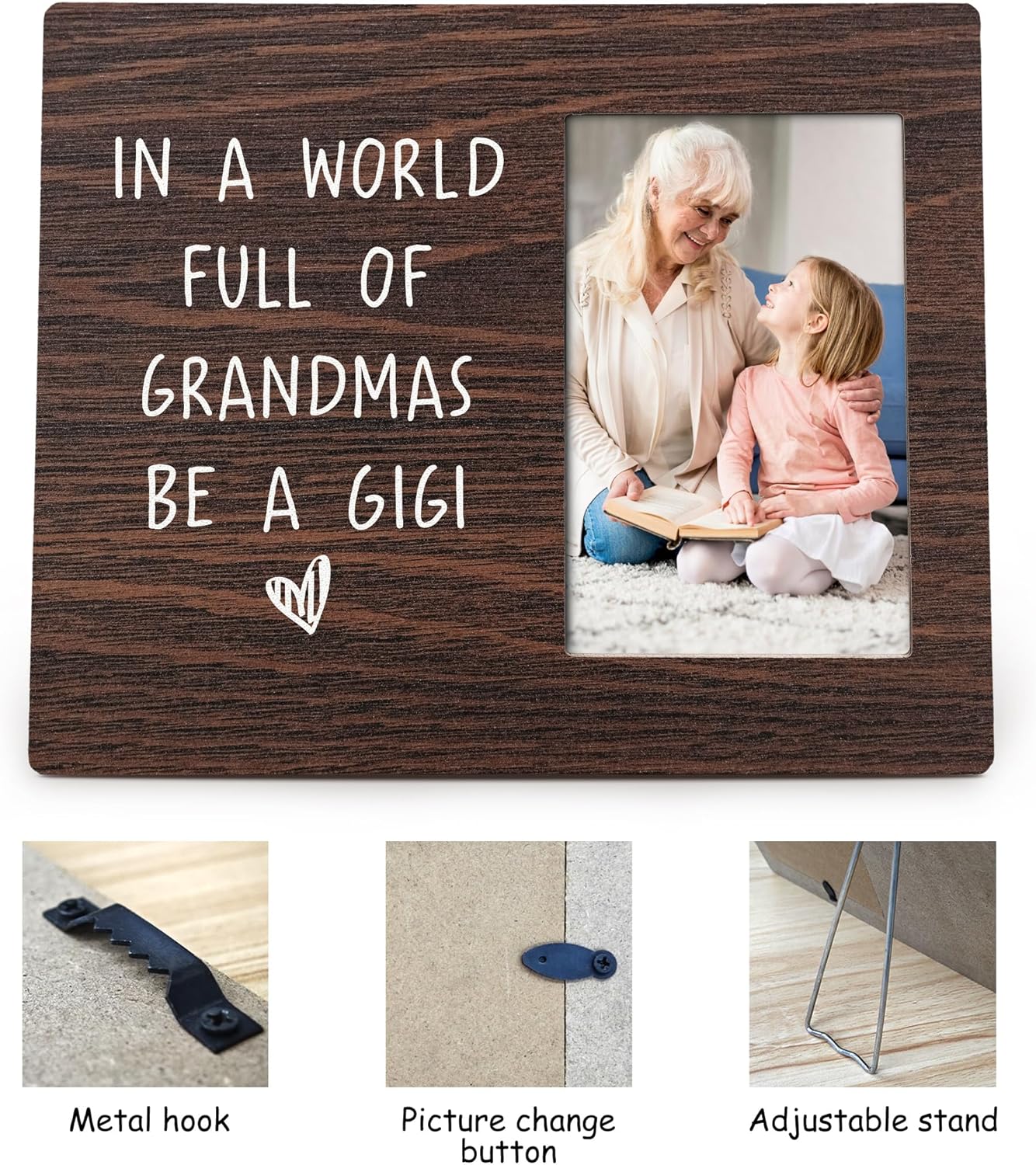 Funny Gigi Gifts 4X6 Picture Photo Frames, In A World Full Of Grandmas Be A Gigi Wood Photo Frame, Mother’S Day Birthday Grandma Gifts Picture Frame for Wall Tabletop Display