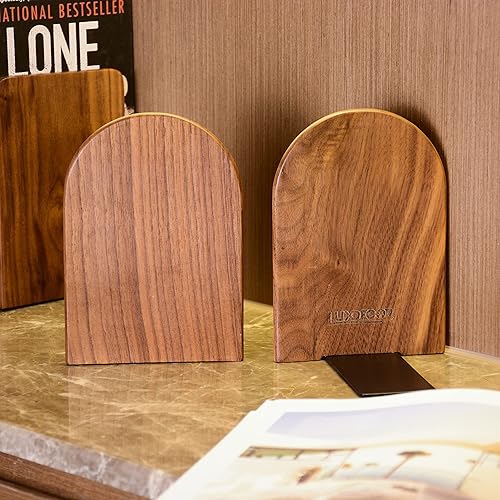Miniatura 4 de Sujetalibros grande para libros pesados, 7 x 4 x 5 pulgadas, paquete de 3 sujetalibros de madera para libros pesados, extremos de libros de nogal