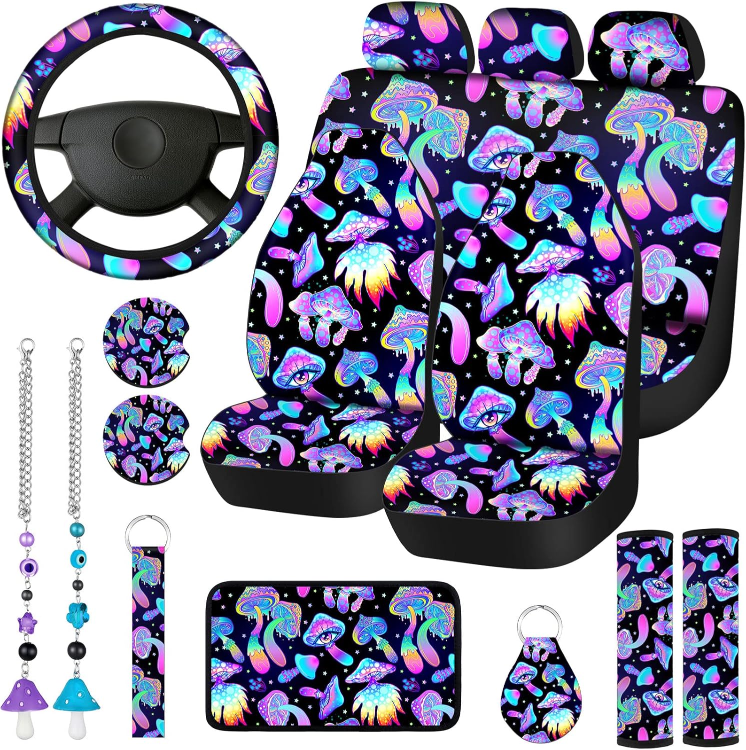 Riakrum 17 Pcs Mushroom Car Seat Covers Mushroom Car Accessories Full Set for Women