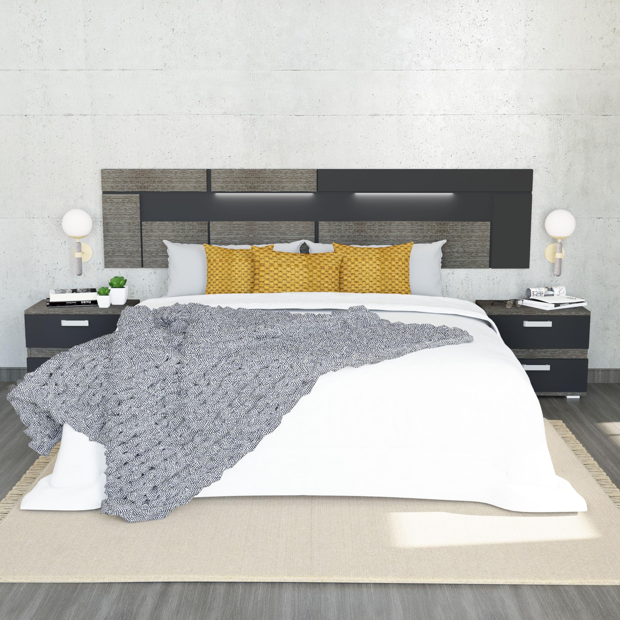 duehome | Pack Cabecero con Leds y 2 Mesitas de Noche, Dormitorio Doble, Dormitorio Completo, Modelo Ataneq Dark, Acabado en Ceniza y Negro