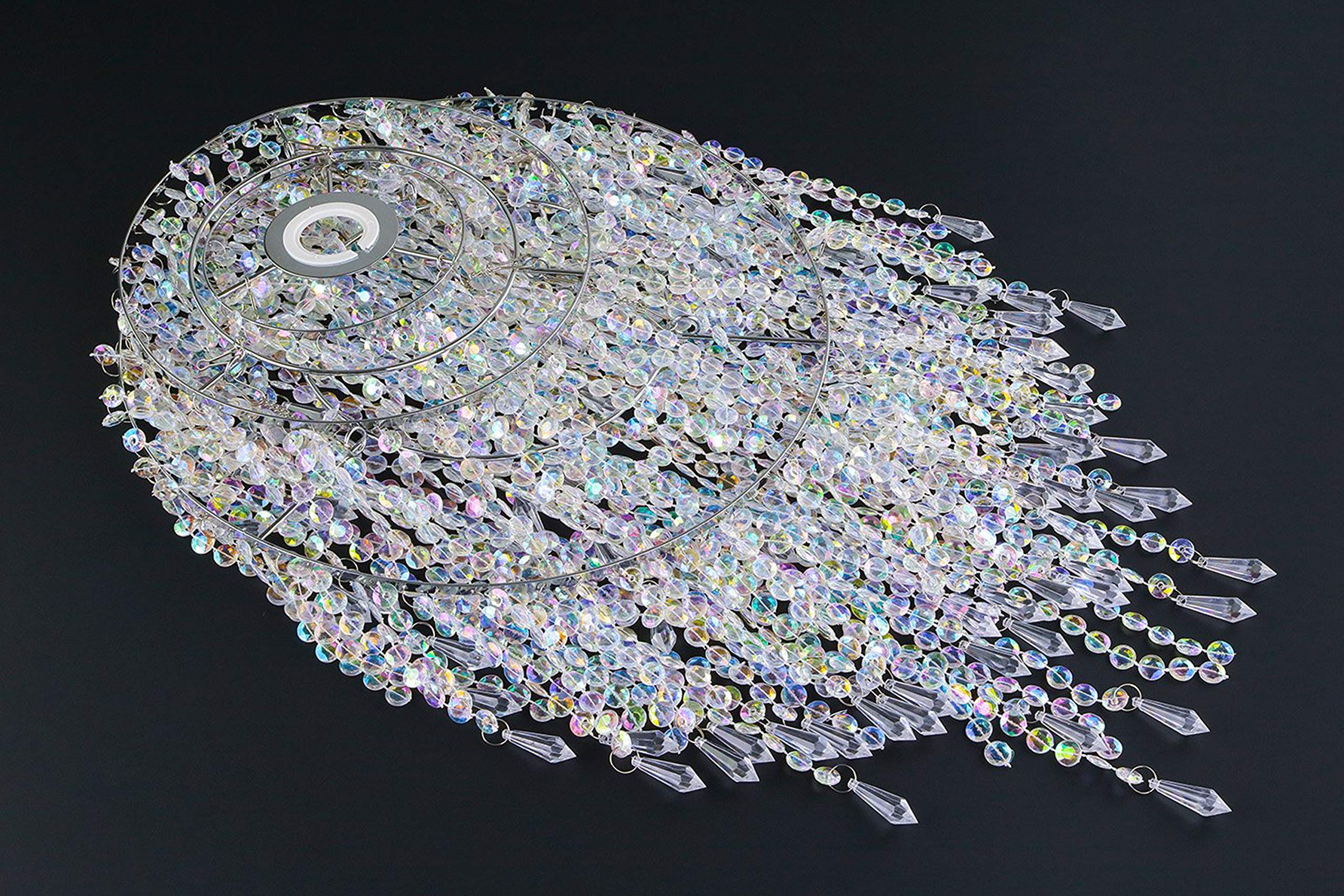 Waneway Pendentif chrome large 3 niveaux avec billes étincelantes, abat-jour chandelier de plafond avec gouttelettes bijoux en acrylique, diamètre 32 cm, claire