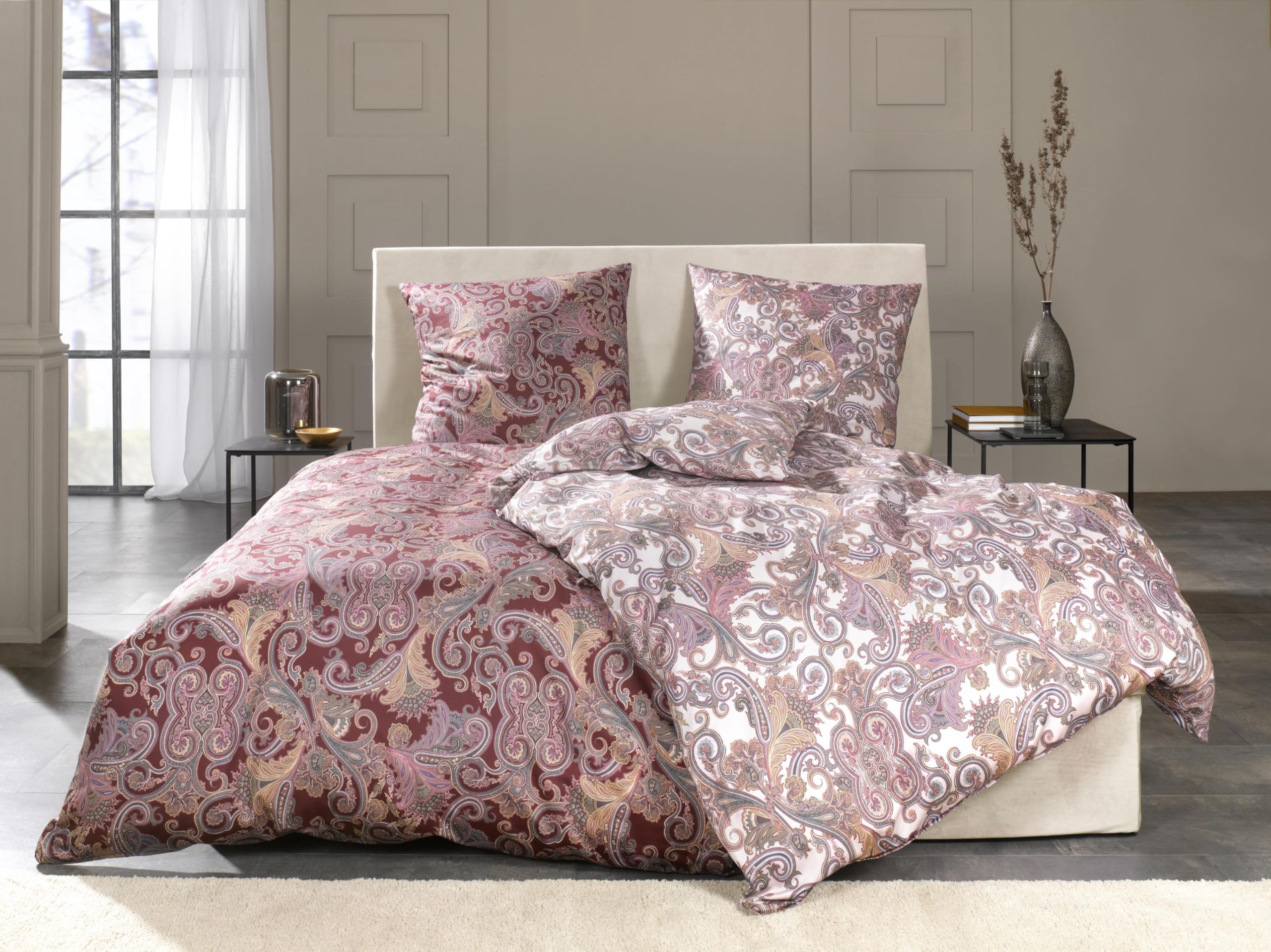 ESTELLA Biancheria Da Letto In Raso Makò Sylvia - Qualità Tedesca, 100% Cotone, Con Chiusura Lampo - Set: 1 Federa 80x80 Cm + 1 Federa 40x80 Cm + 1 Lenzuolo 135x200 Cm - 2