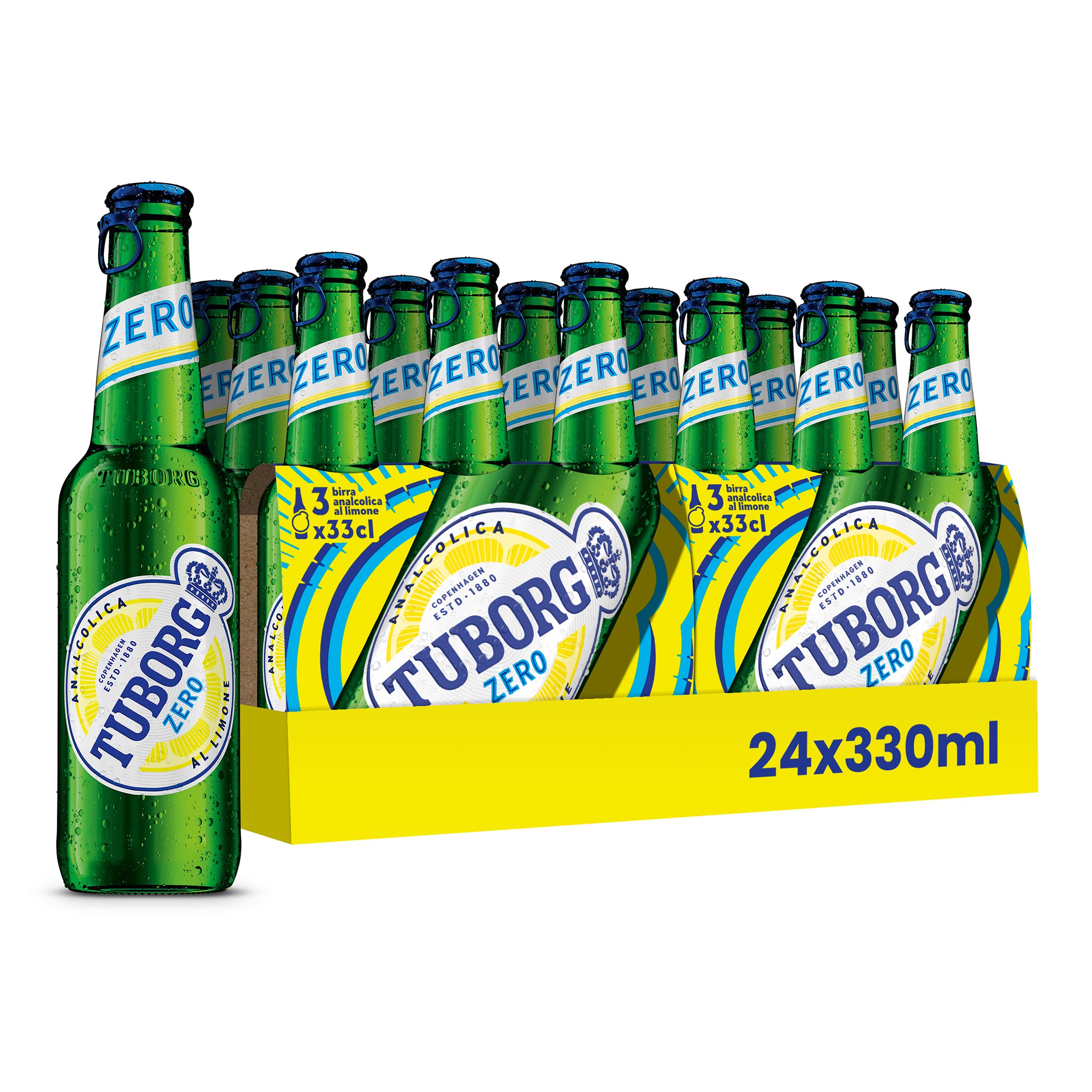 TUBORG Zero al Limone, Birra Analcolica al Limone, Bottiglia 33cl, Confezione da 24 Bottiglie