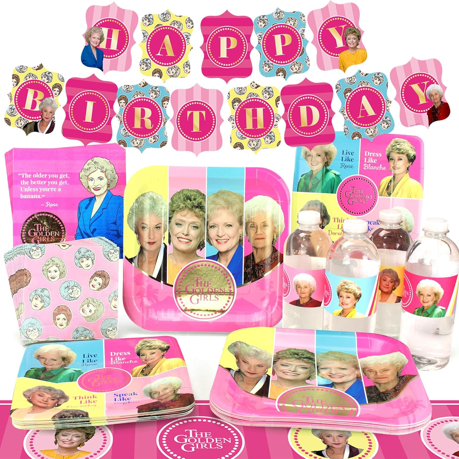Golden Girls Party Supplies (Standard Pack for 8 Guests) Birthday Party Decorations with Happy Birthday Banner, 58 Piece Set - 40th birthday decorations, 50th birthday decorations for women