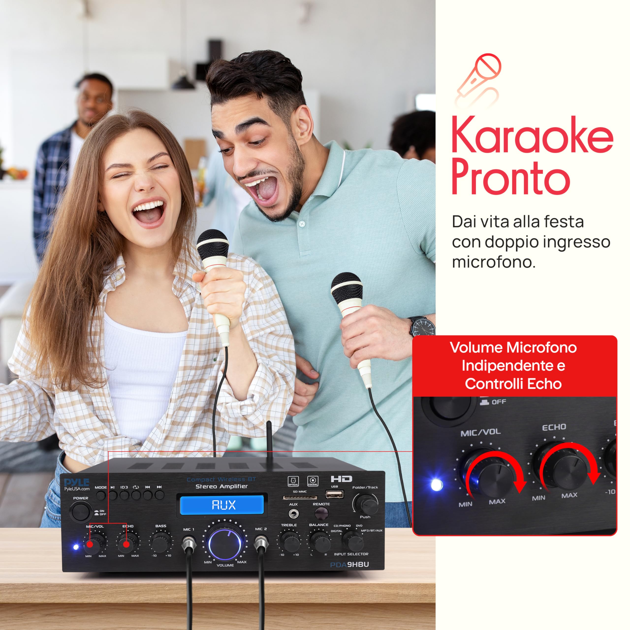 Pyle Amplificatore Audio Stereo Bluetooth Wireless per Casa, Amplificatore Multicanale 200 Watt, Ricevitore Audio con HDMI, USB/SD, AUX, RCA, Radio FM