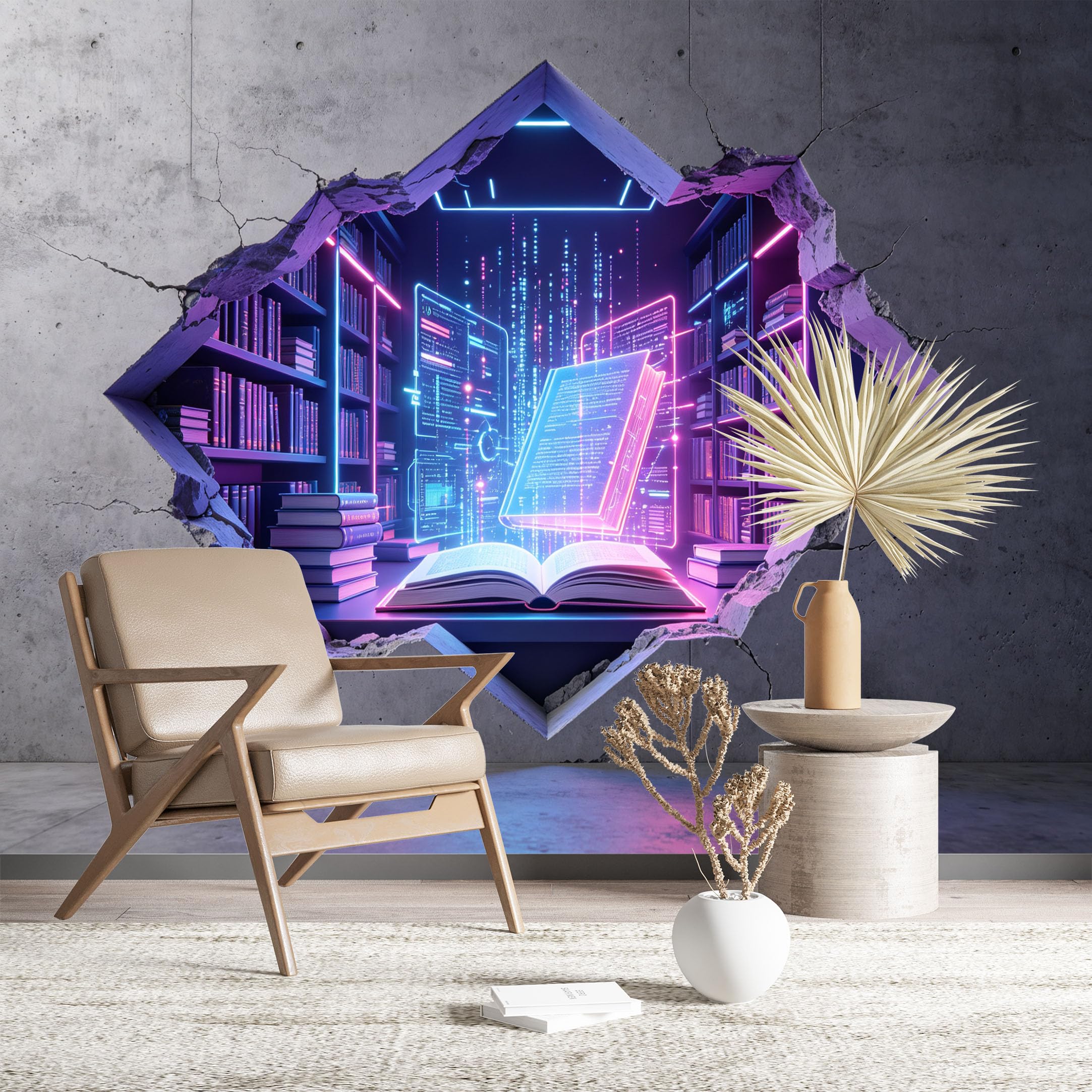 Custom Size Wall Murals Neon Library Cracked Wall Wall Murals Art Wallpaper Wall Stickers Self-Adhesive Removable Wallpaper for Living Room Bedroom