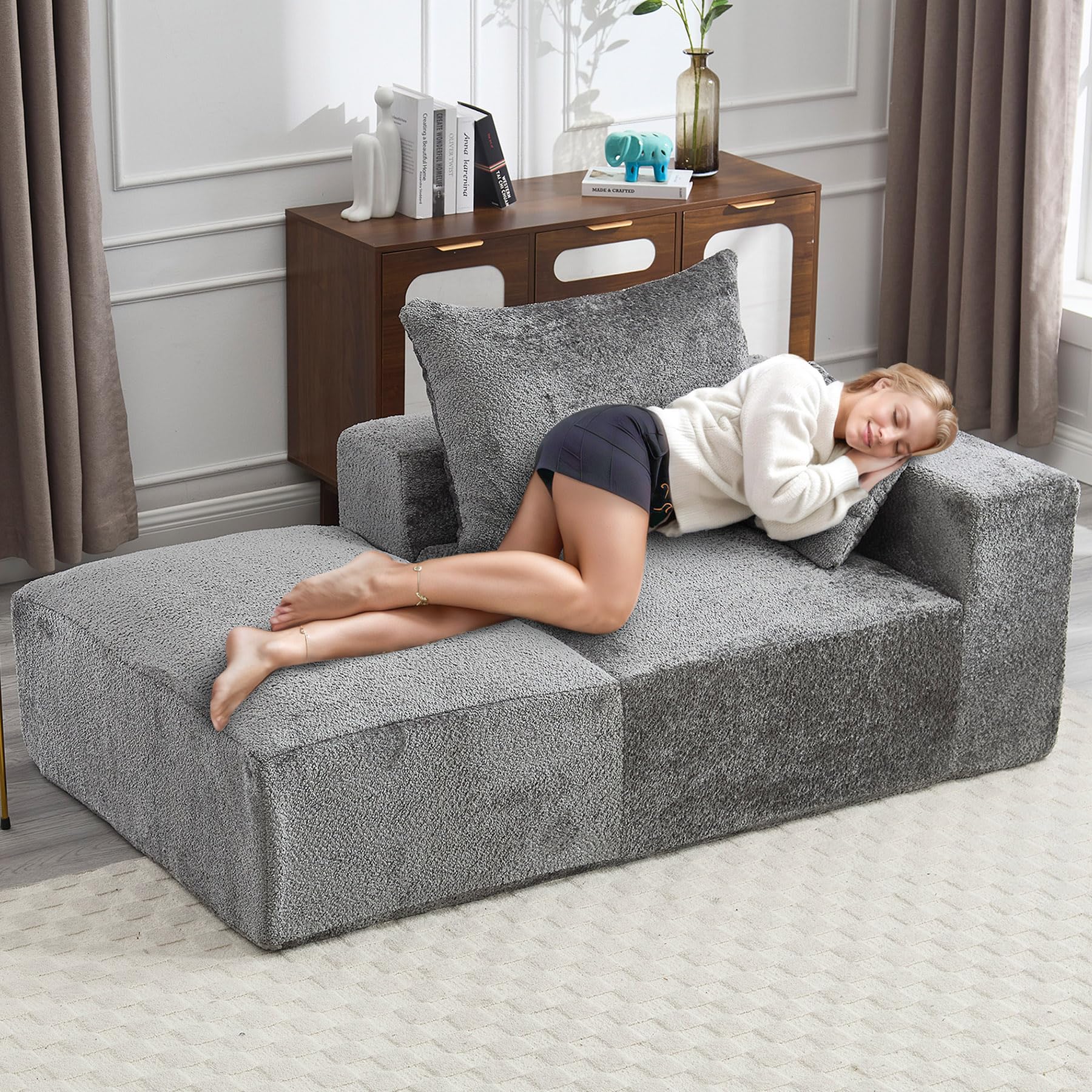 Compression Sofa in a Box Comfy Chaise Lounge Chair Indoor with Right Arm 2 Pillows for Living Room