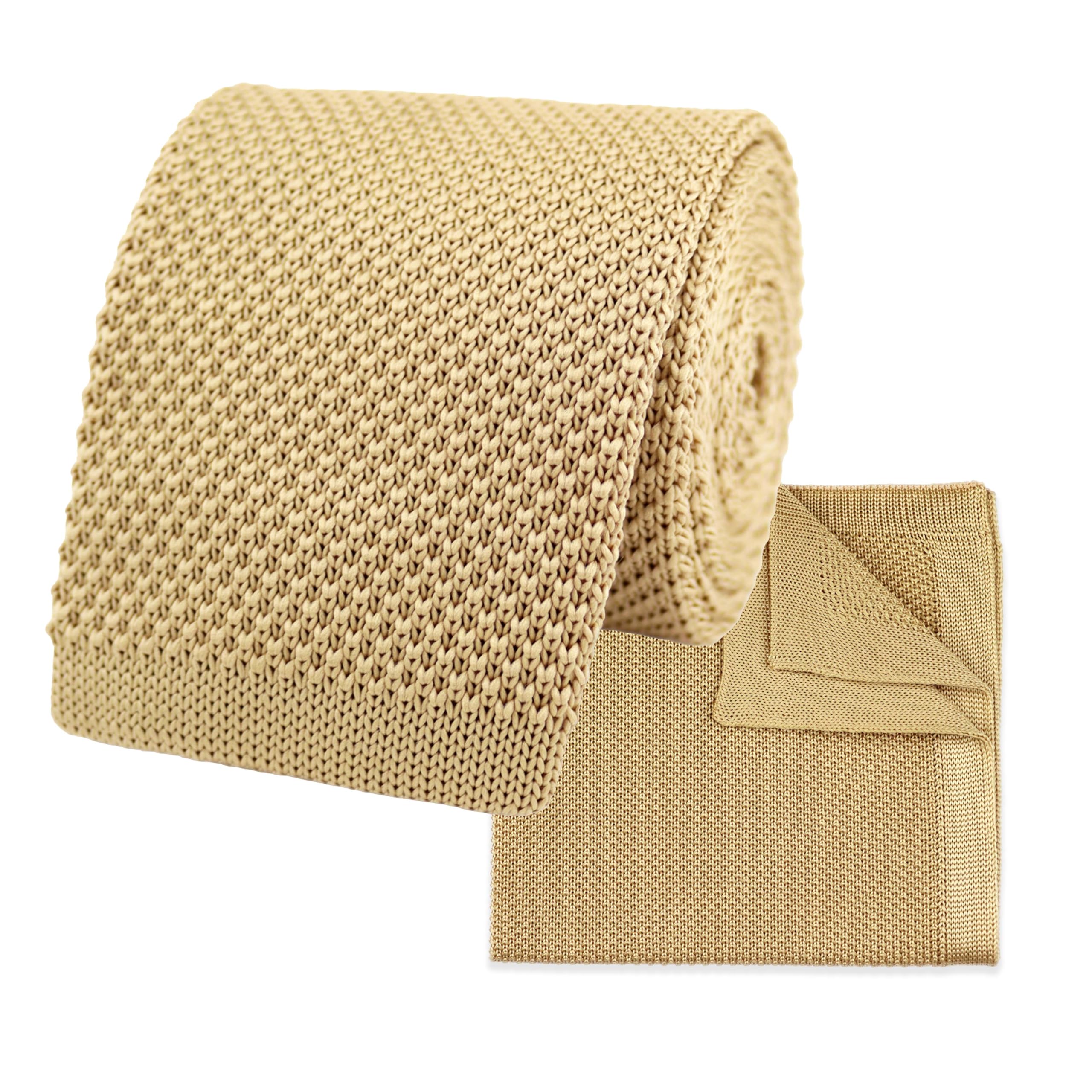 THE GENTS LAB 100% Polyester Square End Knitted Tie & Pocket Square Sets - Many Colours (Beige)