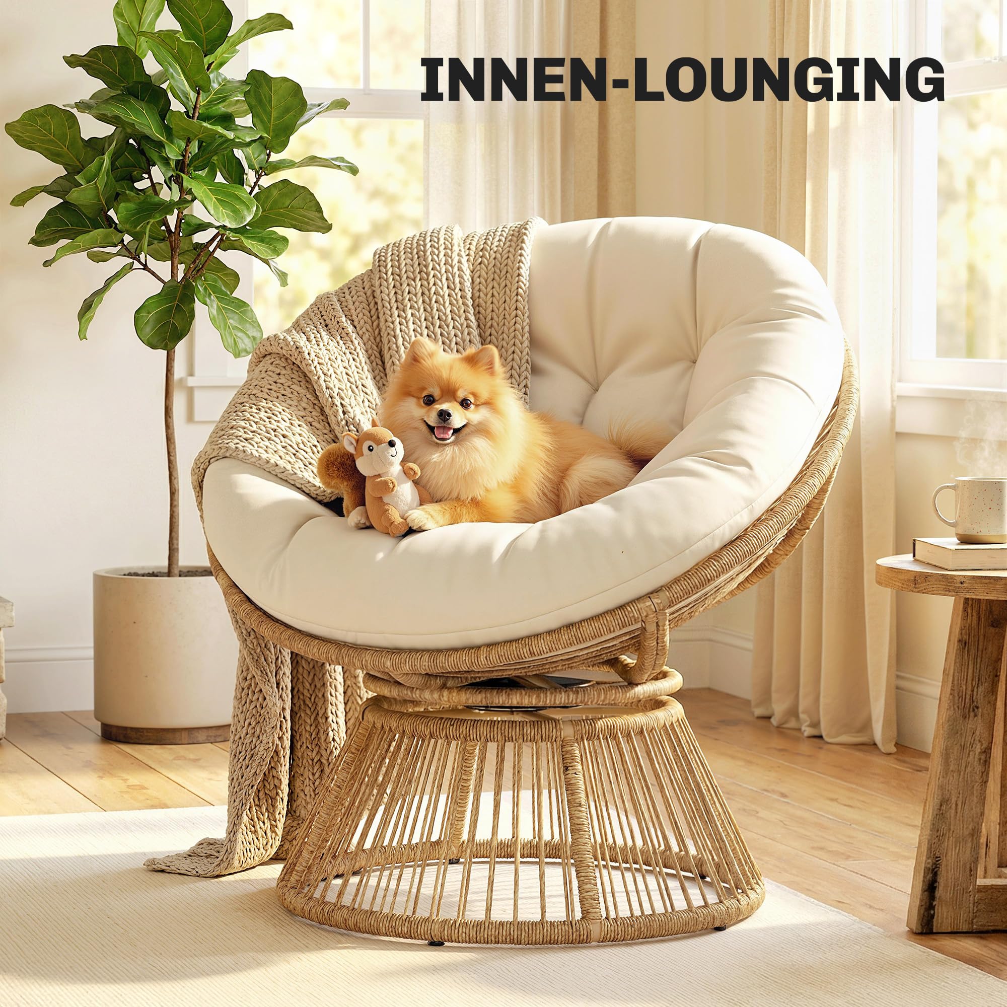 Outsunny Papasansessel 360° drehbar Korbsessel mit Kissen Stahlrahmen runder Rattansessel Loungesessel aus Polyrattan Drehsessel für Wohnzimmer Leseecke Lounge Cremeweiß