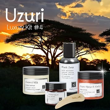 Nabila K Uzuri Hydration Spa Gift Set for Women | Body Scrub, Black Soap, Body Butter & Lip Polish | Mothers Day, Birthday, Christmas Gift for Her | Luxury Bath & Body Kit, Made in USA