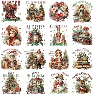 Vintage Christmas Rub on Transfers for Crafts, 16 Pcs Retro Style Holiday UV DTF Transfer Stickers for Wood Glass Furniture DIY, Old-Fashioned Christmas Transfers for Crafting (6 x 6 in)