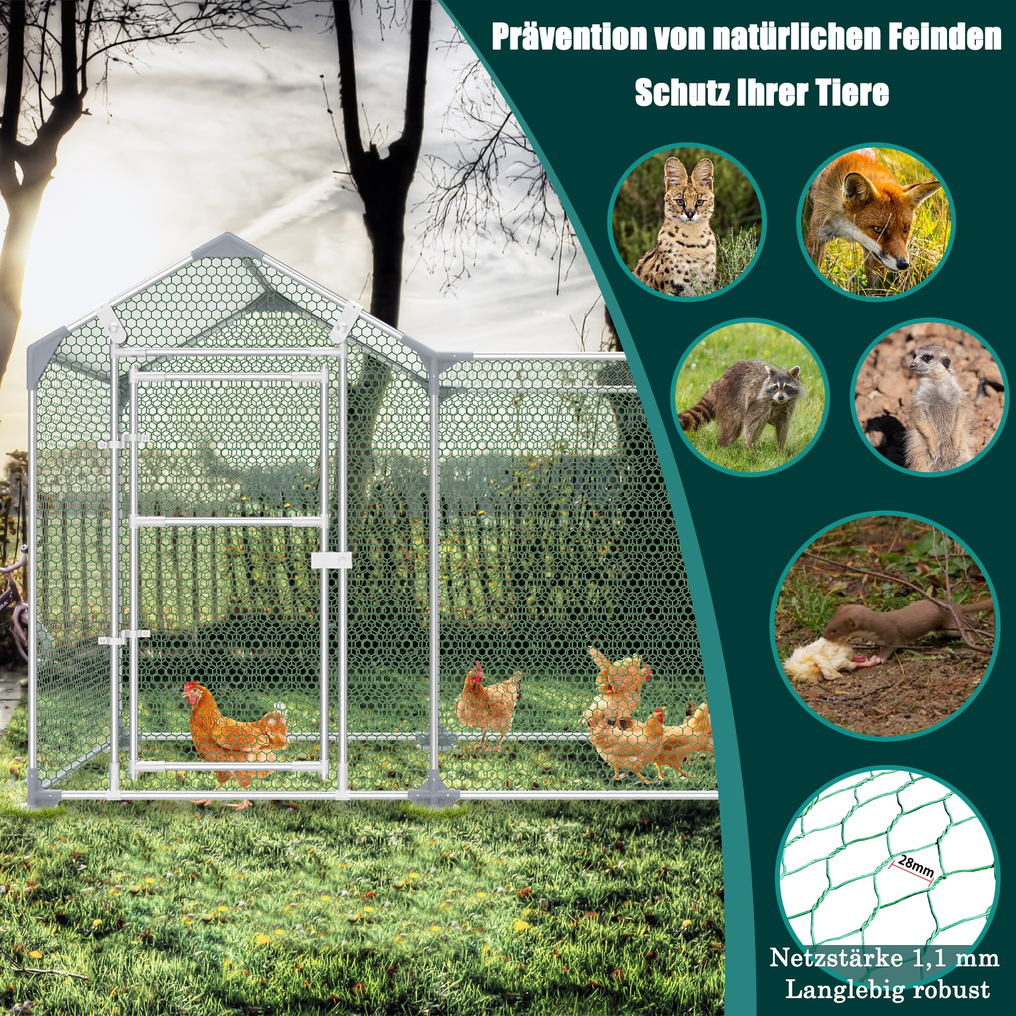 YRHome Freilaufgehege Hühnerstall 4x1x1,5m Freigehege Hühnerhaus Hühnergehege Voliere Hühner Gehege Hühner Geflügelstall Verzinkter Stahlrahmen mit PE