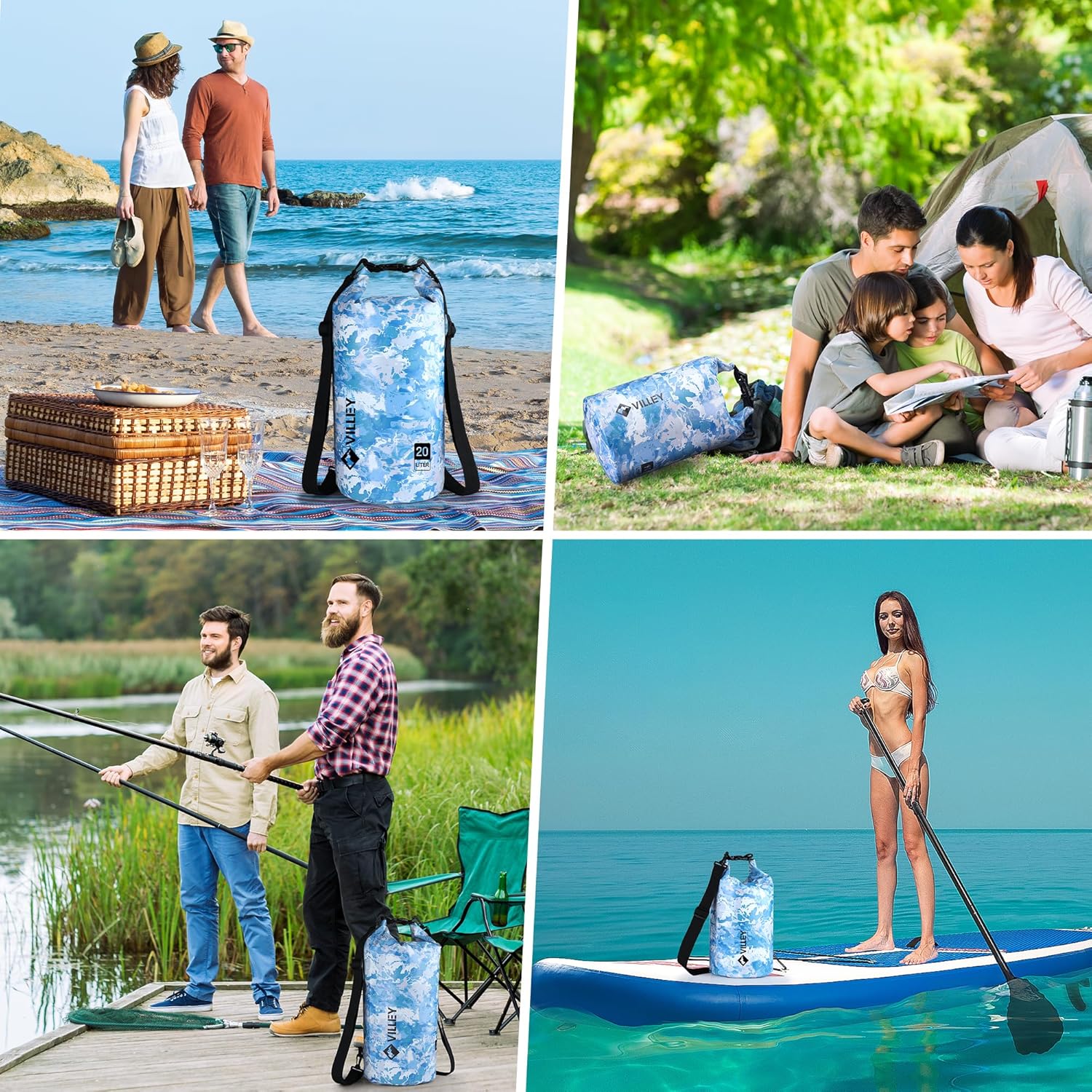 VILLEY Dry Bag Waterproof 20L Roll Top Sack Keeps Gear Dry Lightweight Sack for Kayaking Boating Camping Swimming and Beach Adventures Blue Camo - Image 8