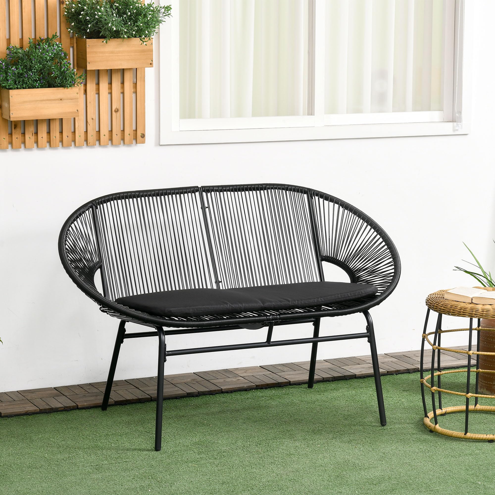 Outsunny Silla Acapulco de 2 Plazas Sofá Acapulco Silla de Jardín con Cojines Reposabrazos y Marco de Acero Carga 260 kg para Terraza Balcón Patio 132x72x83 cm Negro