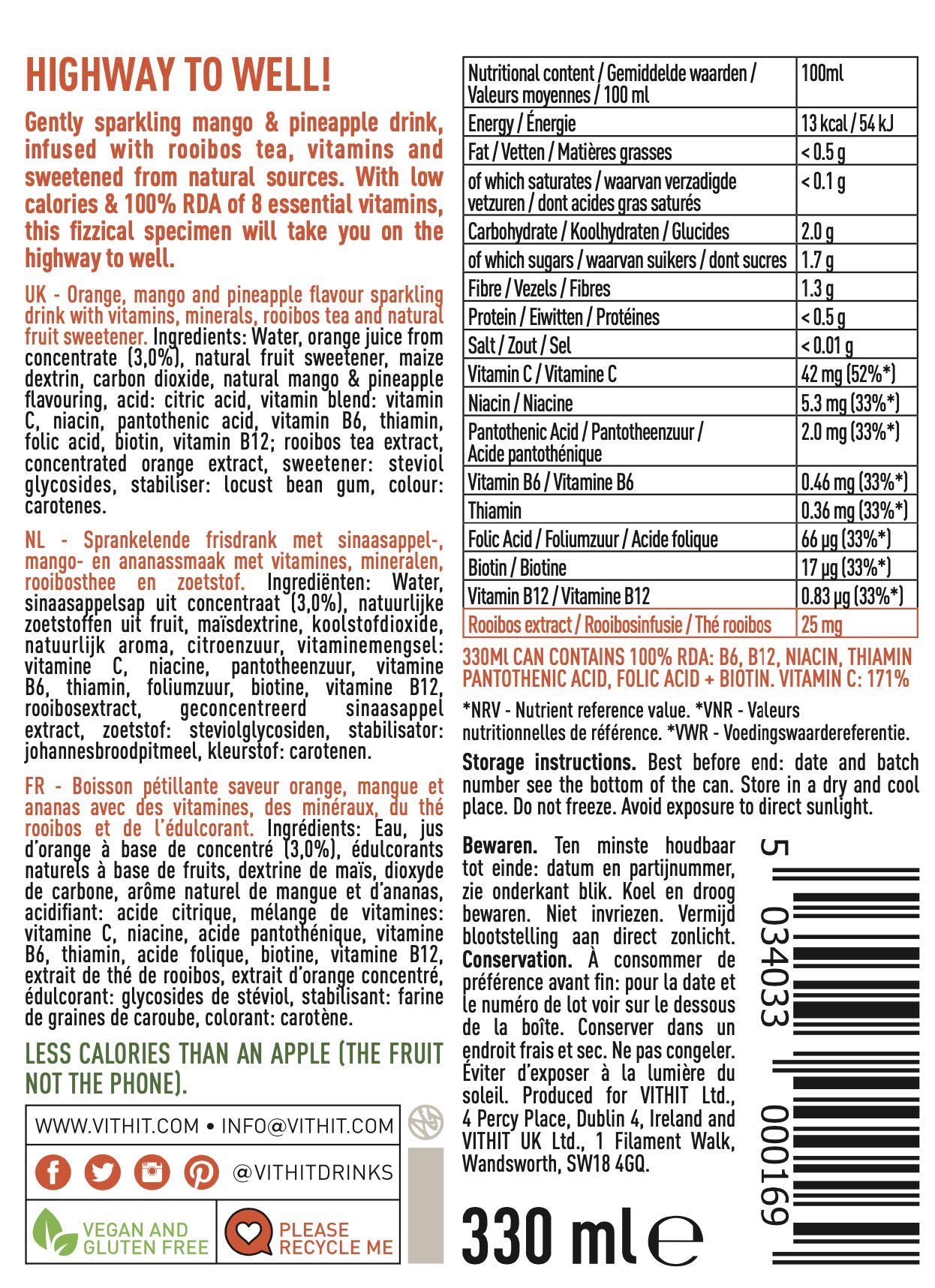 VIT HIT Sparkling 12 x Mango & Pineapple + Rooibos Tea Prime Fizzy