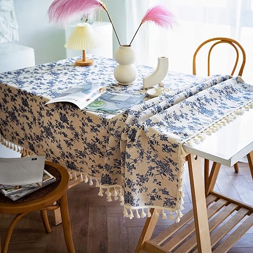 Miniatura 7 de Tela de lino de algodón con diseño floral de rosas azules francesas, mantel rectangular con borlas cosidas para cocina, comedor, mesa, decoración,
