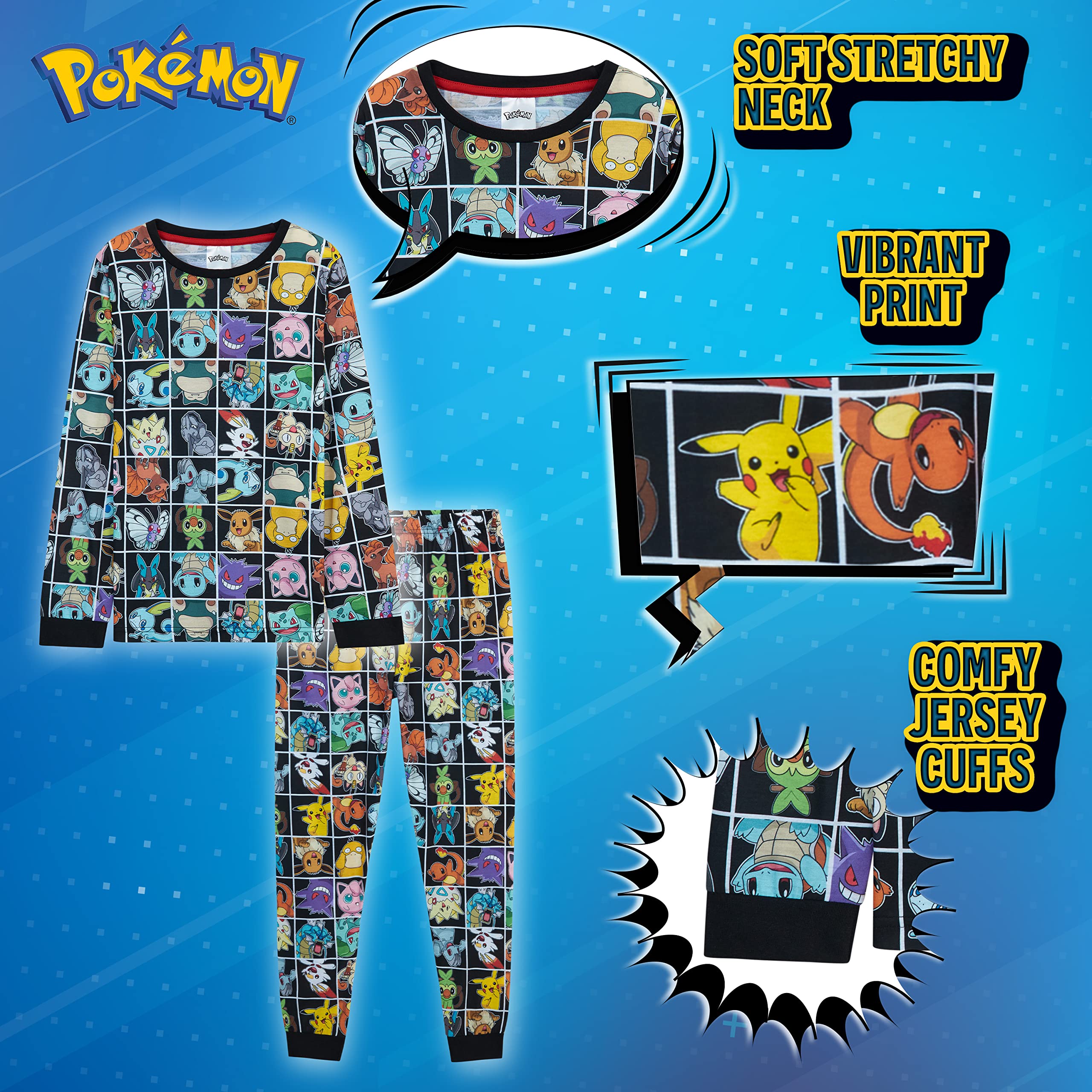 Pokémon Piżama dla chłopców, 2-częściowy zestaw piżam dziecięcych z Snorlax, Pikachu, Squirtle, Bulbasaur i Charmender, koszulka z długim rękawem, 100% bawełniana bielizna nocna dla dzieci, prezent dla chłopców, Czarny