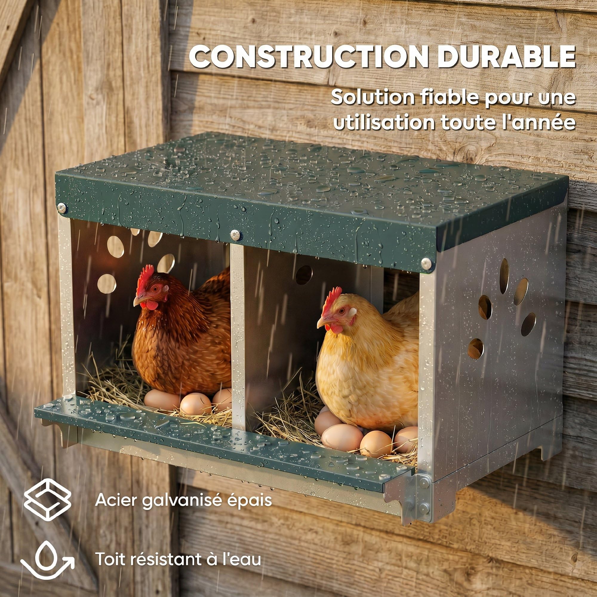 PawHut Pondoir à Poules 2 Emplacements Dessus Imperméable Nichoir Argent