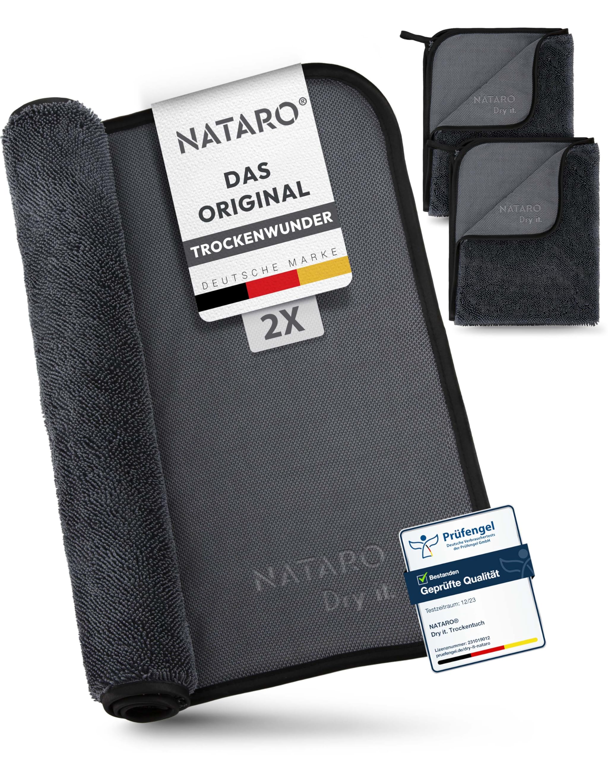 NATARO® 2 Stück Fast Dry it. Premium Trockentuch für Duschkabine, Auto, Haushalt, Camping – DAS ORIGINAL – extra saugfähiges Microfasertuch, fusselfrei, kratzfrei Shiny Wipes Tücher 40x50cm