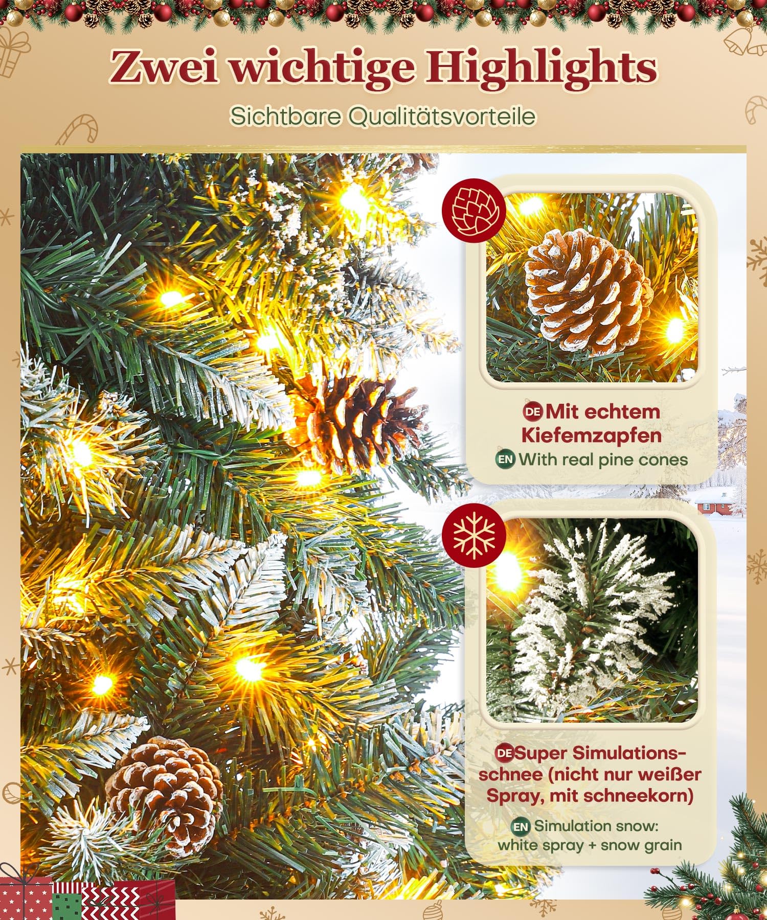 Yorbay Árbol de Navidad Artificial con Luces Led de Color Blanco cálido y Blanco Nevado Grande (150 cm 240LED)