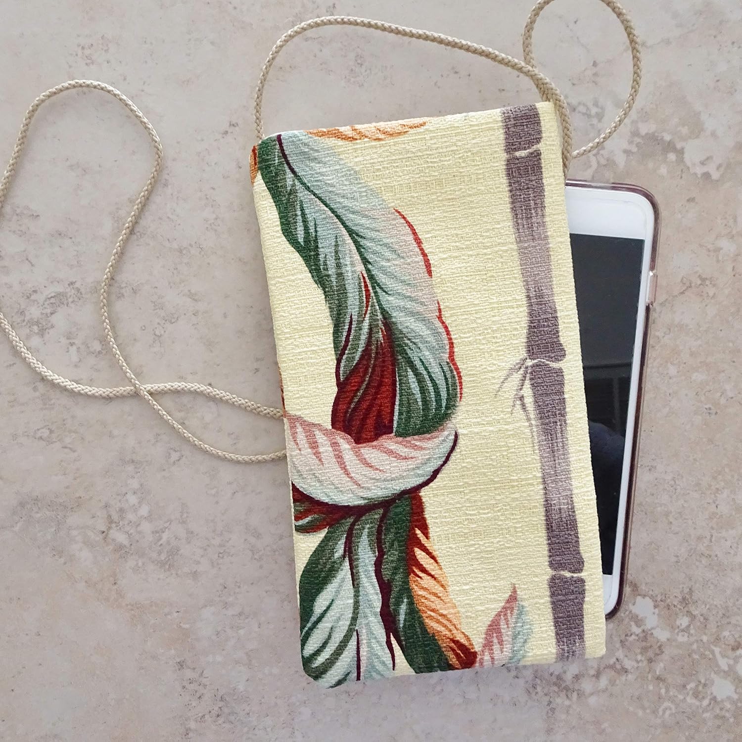 Cell Pouch - Tropical Bark Cloth Fabric Pouch Purse - Strapped Purse for Cell Phone