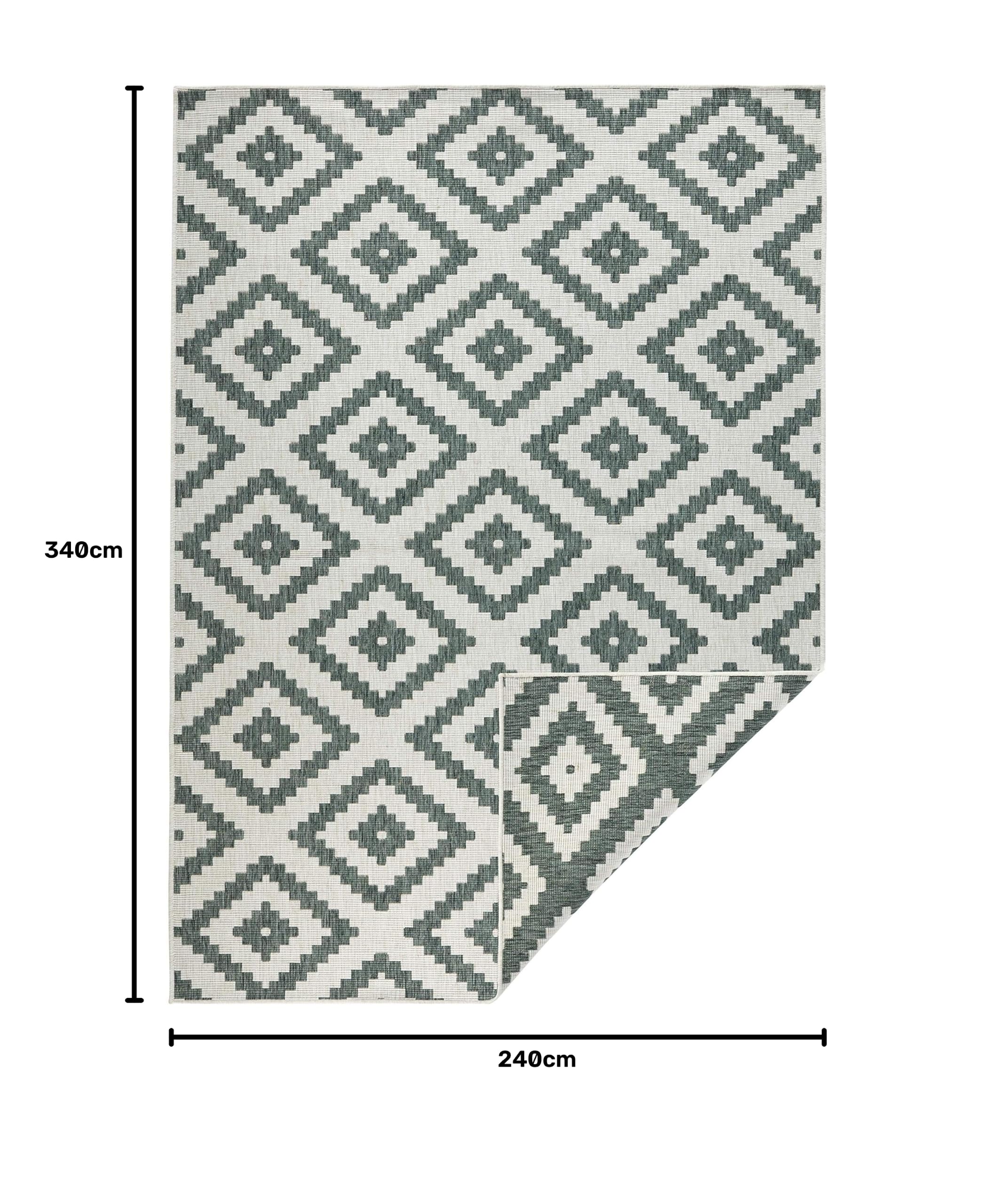 NORTHRUGS In- und Outdoor Teppich Malta 240x340 cm - Wendeteppich Wetterfest Modernes Geometrisches Muster Teppich für Balkon Terrasse Garten Wintergarten Wohnzimmerteppich Wasserfest in Grün Creme